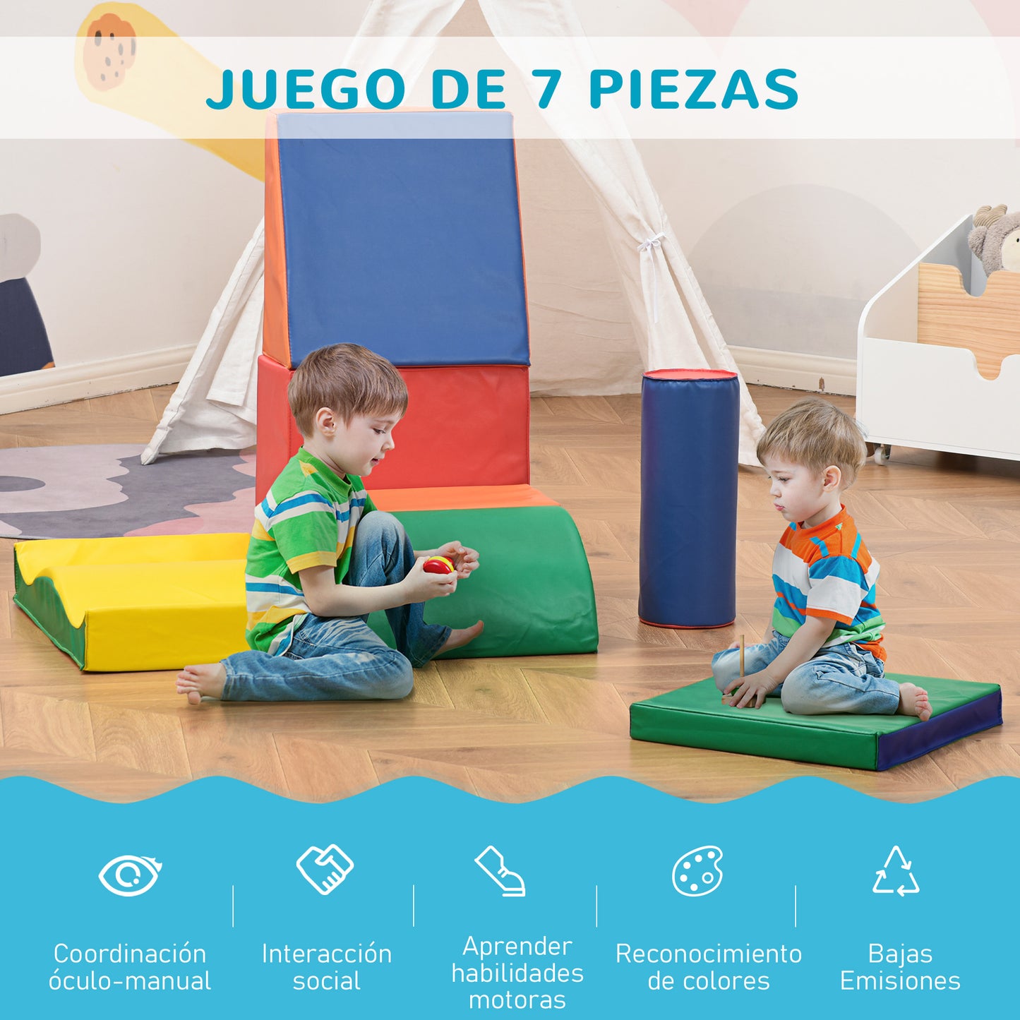 HOMCOM Juego de 7 Bloques de Espuma para Niños de 1-3 Años Bloques Psicomotricidad Figuras de Construcción para Escalar y Gatear 60x40x11 cm Multicolor