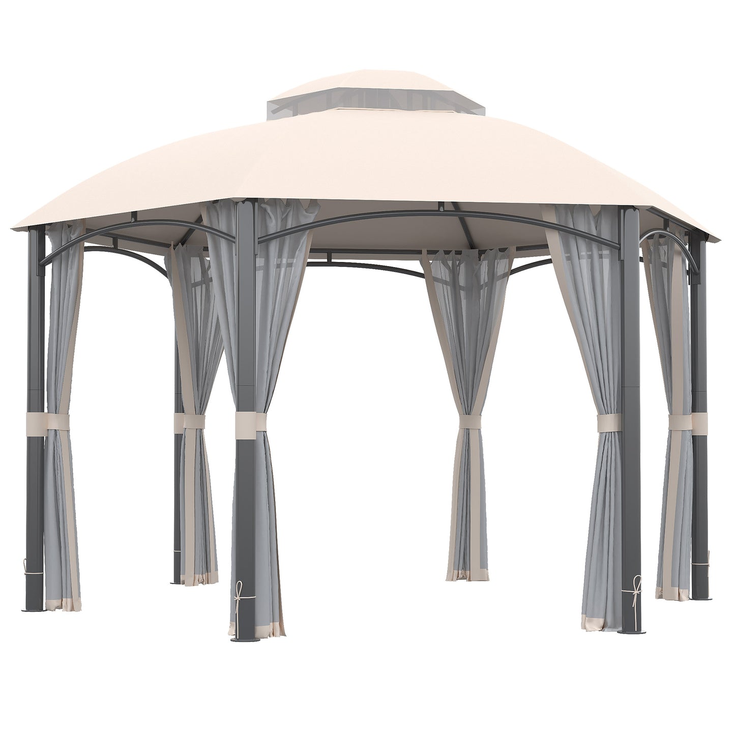 Outsunny Cenador de Jardín Hexágono 4x4 m Pabellón Exterior con Doble Techo de Ventilación y 6 Mosquiteras con Cremallera Gazebo para Fiestas Balcón Patio Caqui