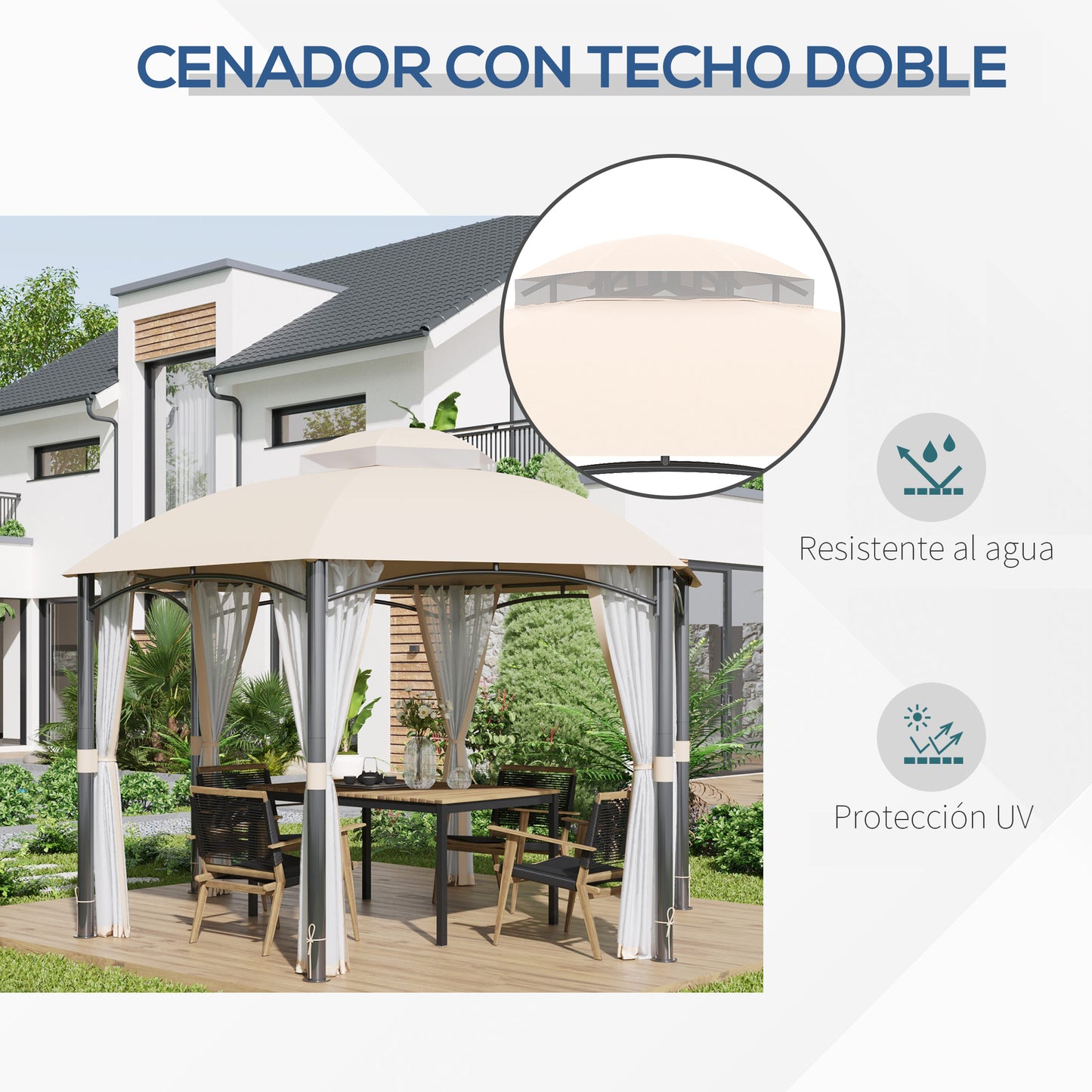 Outsunny Cenador de Jardín Hexágono 4x4 m Pabellón Exterior con Doble Techo de Ventilación y 6 Mosquiteras con Cremallera Gazebo para Fiestas Balcón Patio Caqui