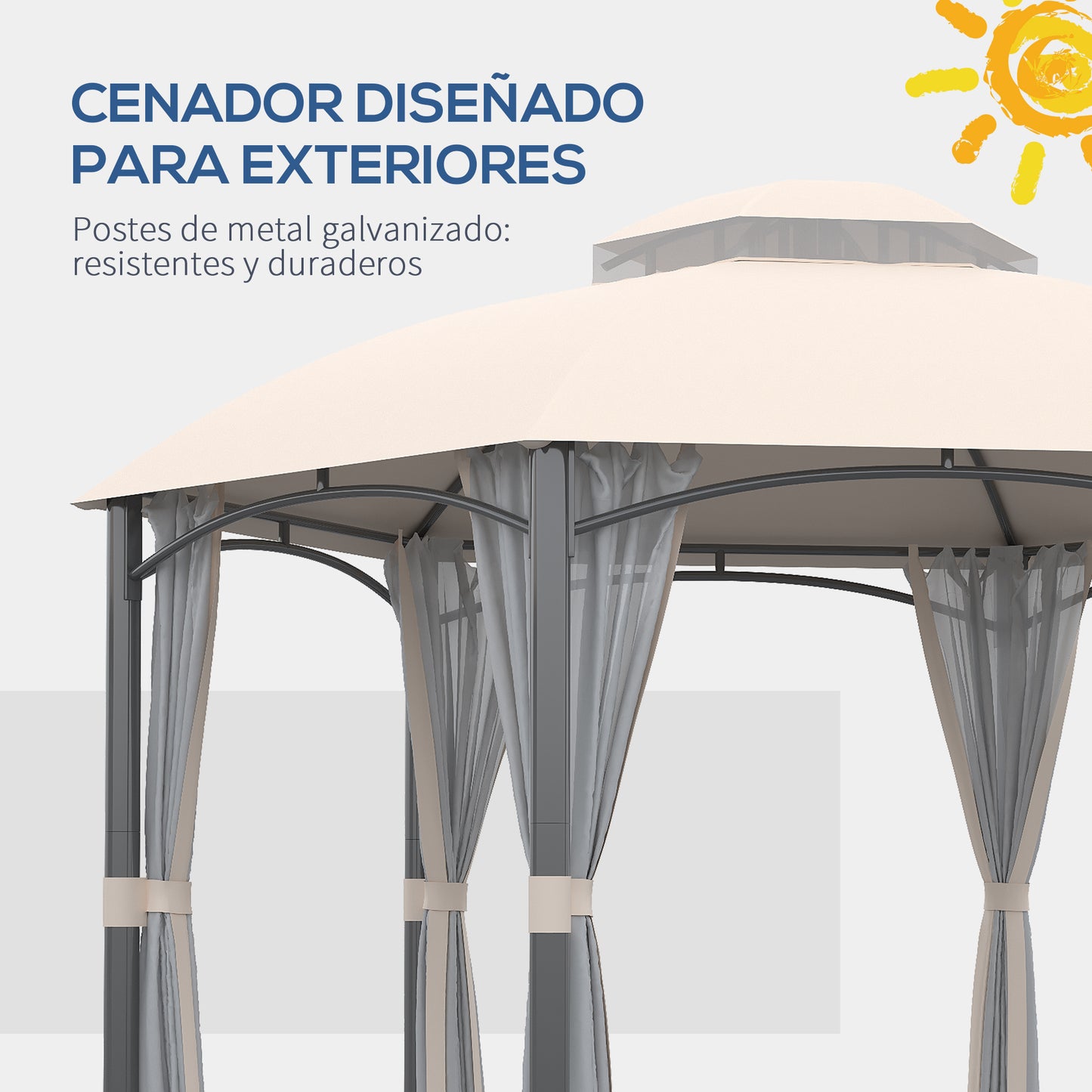 Outsunny Cenador de Jardín Hexágono 4x4 m Pabellón Exterior con Doble Techo de Ventilación y 6 Mosquiteras con Cremallera Gazebo para Fiestas Balcón Patio Caqui