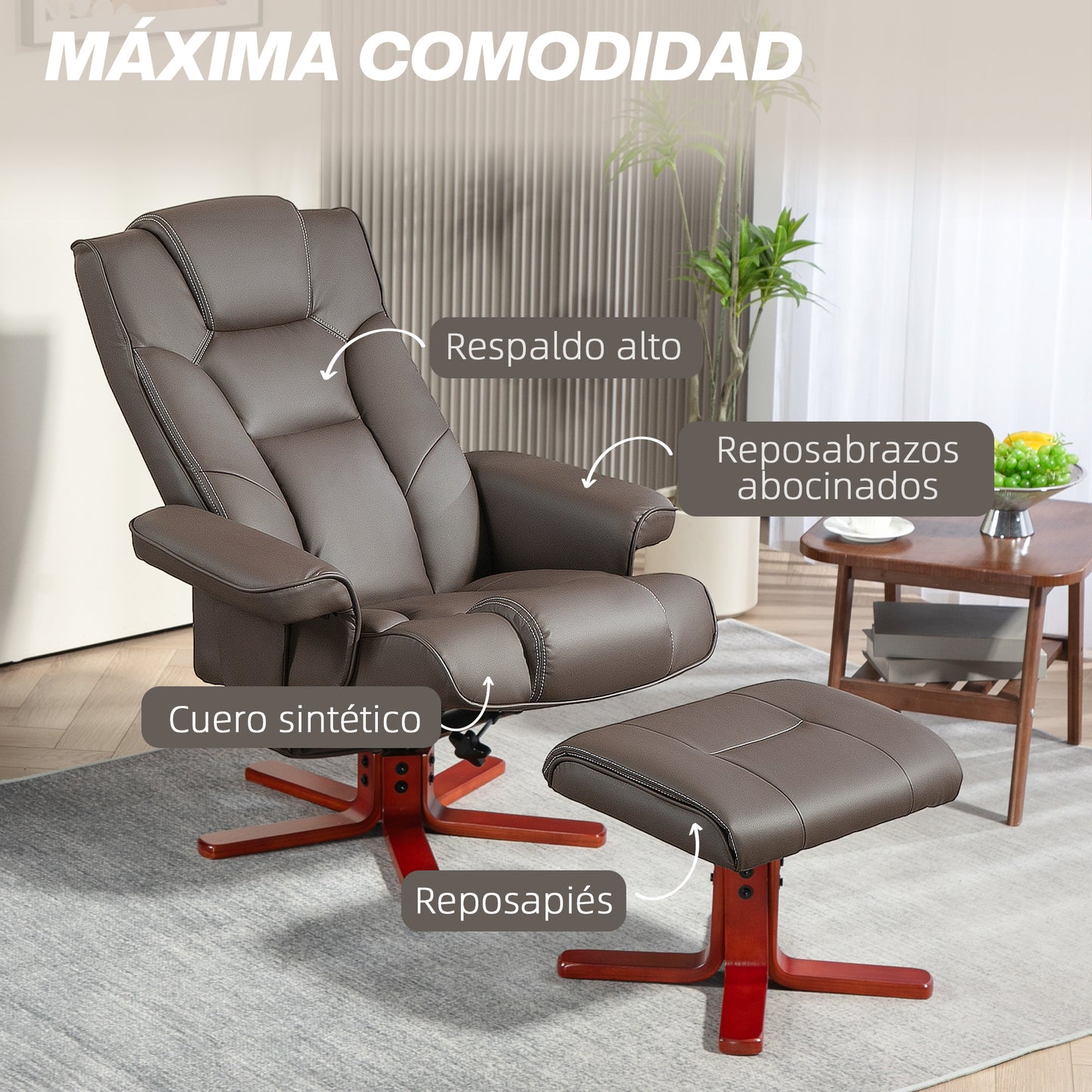 HOMCOM Sillón Reclinable con Reposapiés Sillón de Salón con Tapizado en PU y Estructura de Madera Carga 150 kg Butaca para Dormitorio Sala de Estar Marrón