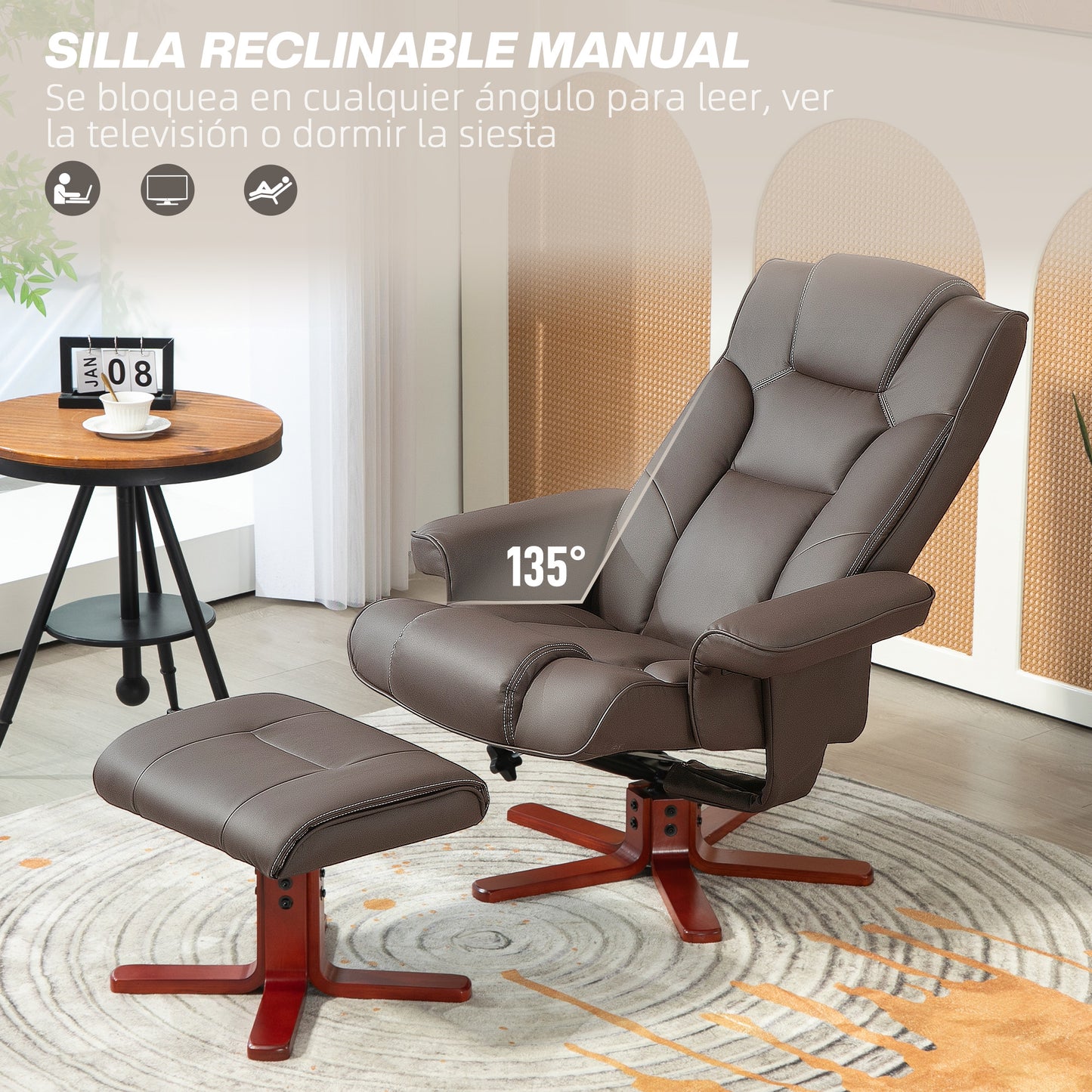 HOMCOM Sillón Reclinable con Reposapiés Sillón de Salón con Tapizado en PU y Estructura de Madera Carga 150 kg Butaca para Dormitorio Sala de Estar Marrón