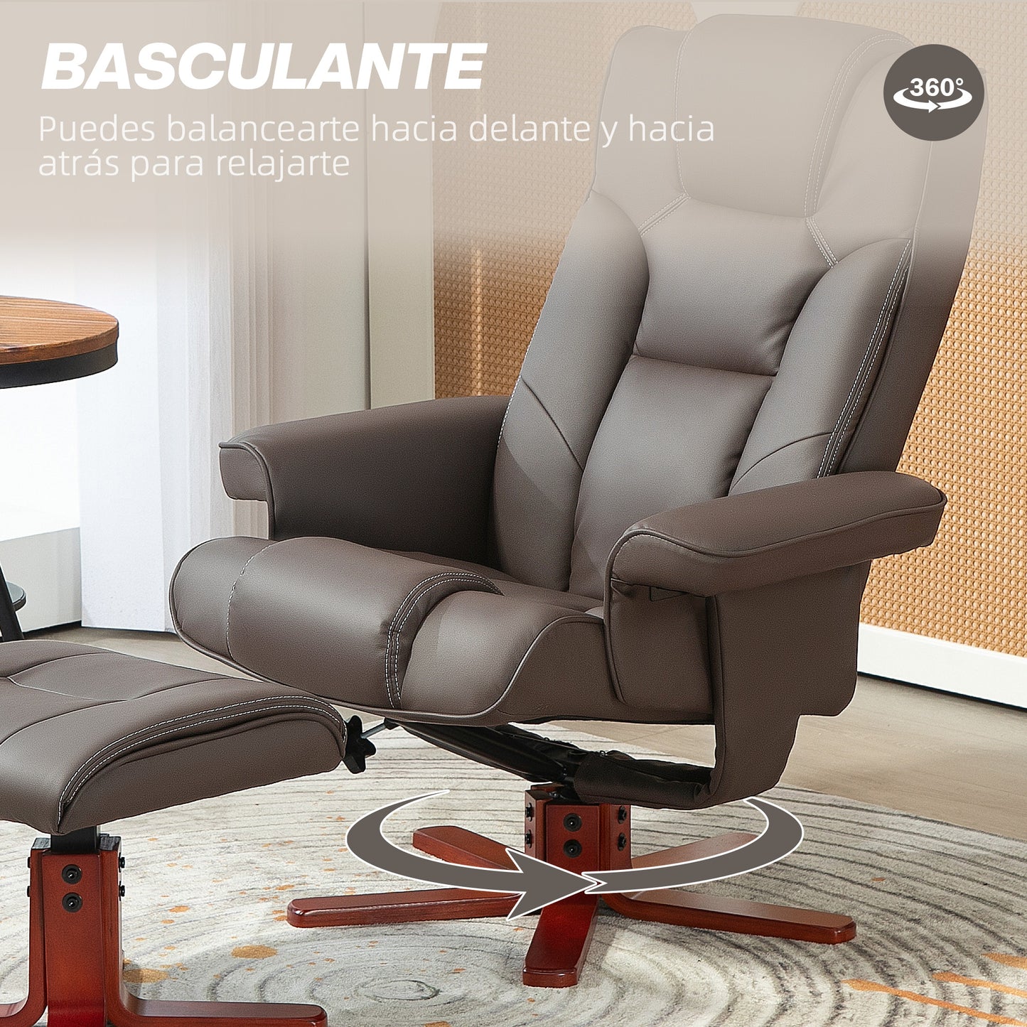 HOMCOM Sillón Reclinable con Reposapiés Sillón de Salón con Tapizado en PU y Estructura de Madera Carga 150 kg Butaca para Dormitorio Sala de Estar Marrón