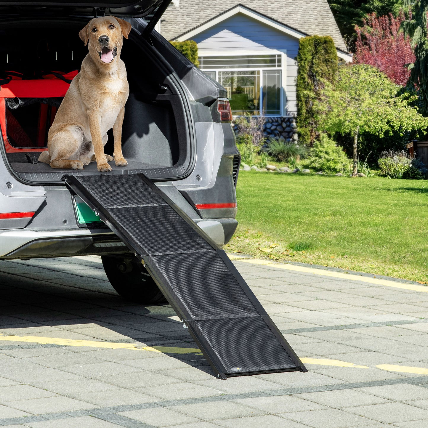 PawHut Rampa Plegable para Perros de Aluminio Rampa para Mascotas para Coche con Superficie Antideslizante Asa y Gancho Carga 60 kg 158x43,5x2,5 cm Negro