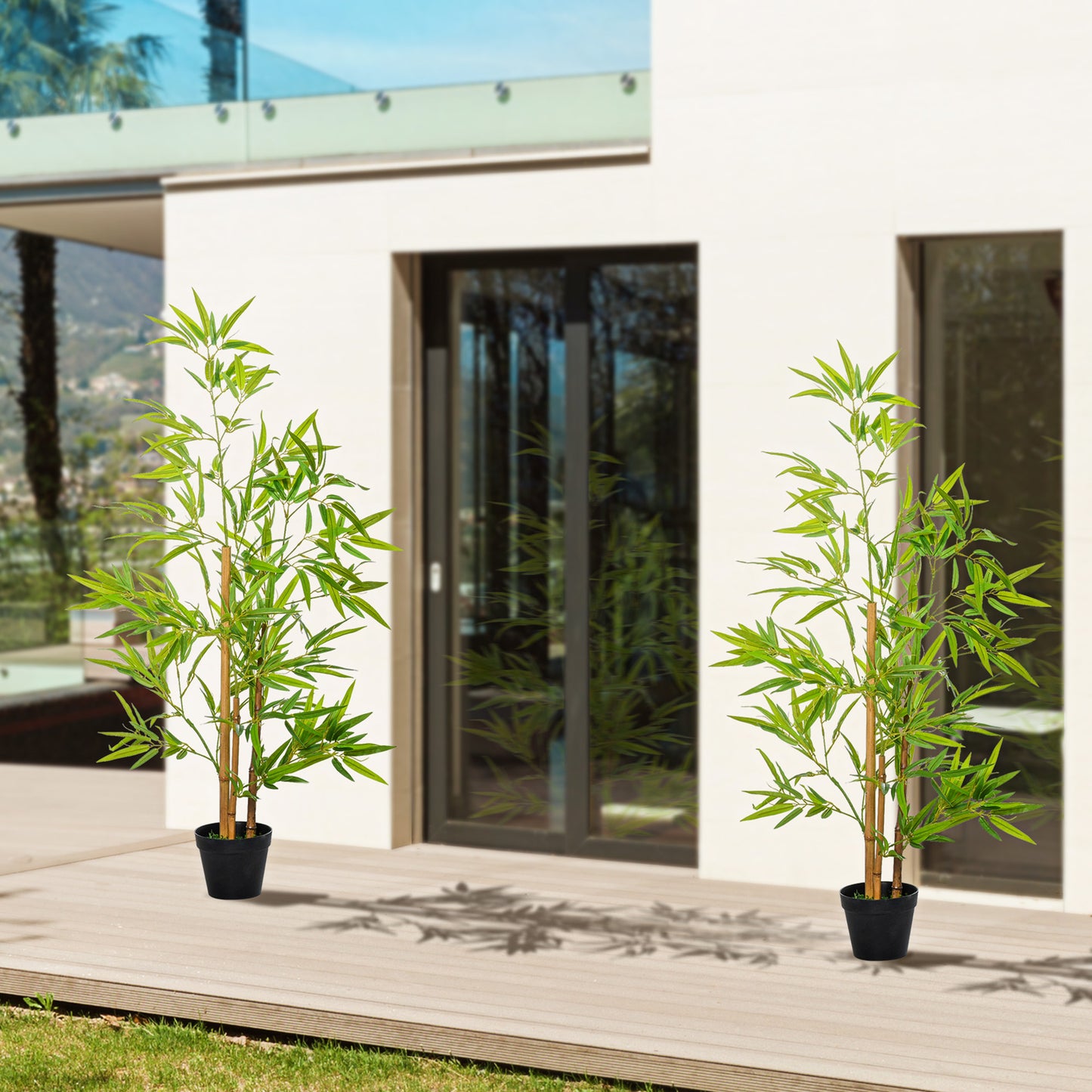 Outsunny Conjunto de 2 Bambús Artificiales 120 cm Árboles Artificiales Plantas Artificiales con Maceta para Interior Exterior Hogar Salón Oficina Verde