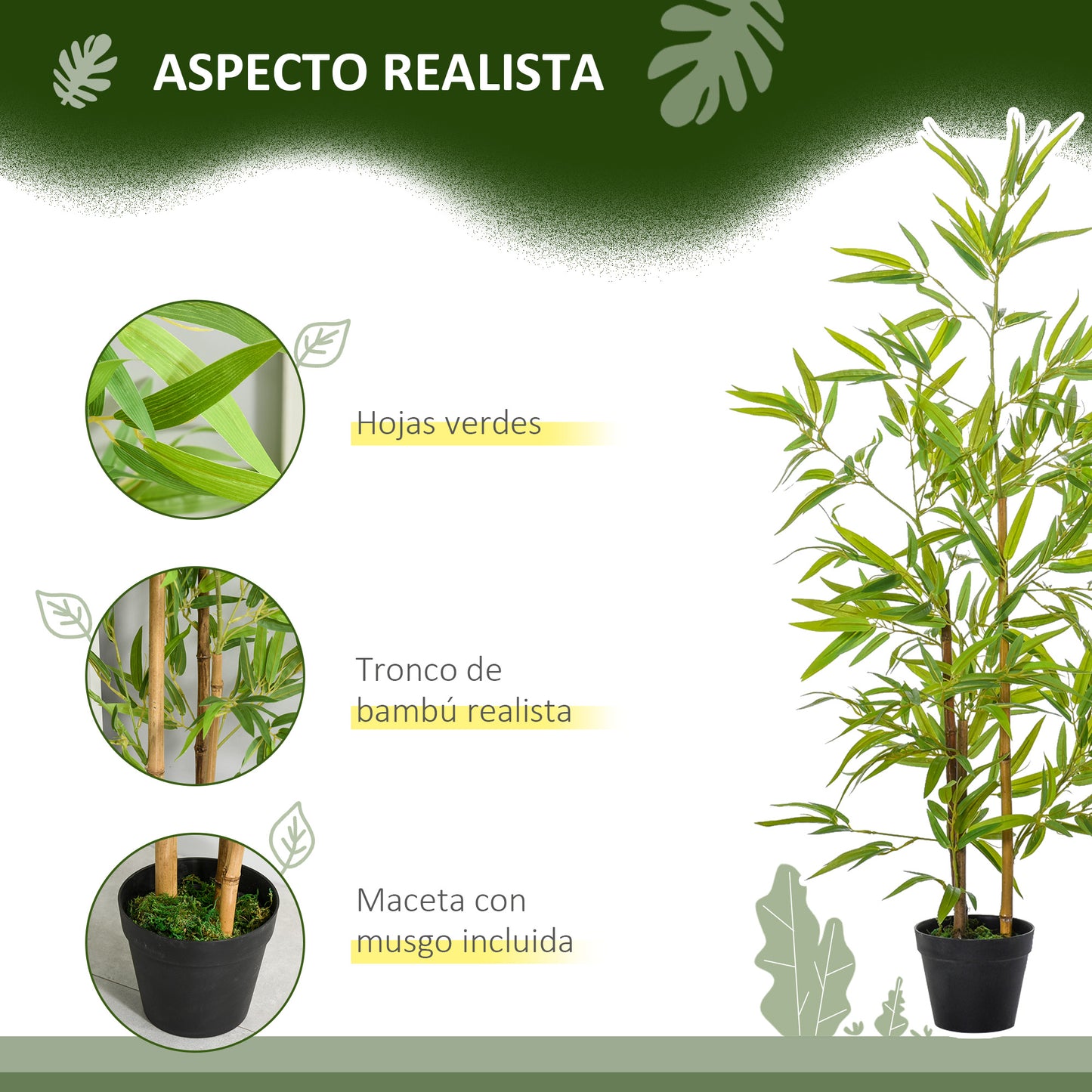 Outsunny Conjunto de 2 Bambús Artificiales 120 cm Árboles Artificiales Plantas Artificiales con Maceta para Interior Exterior Hogar Salón Oficina Verde