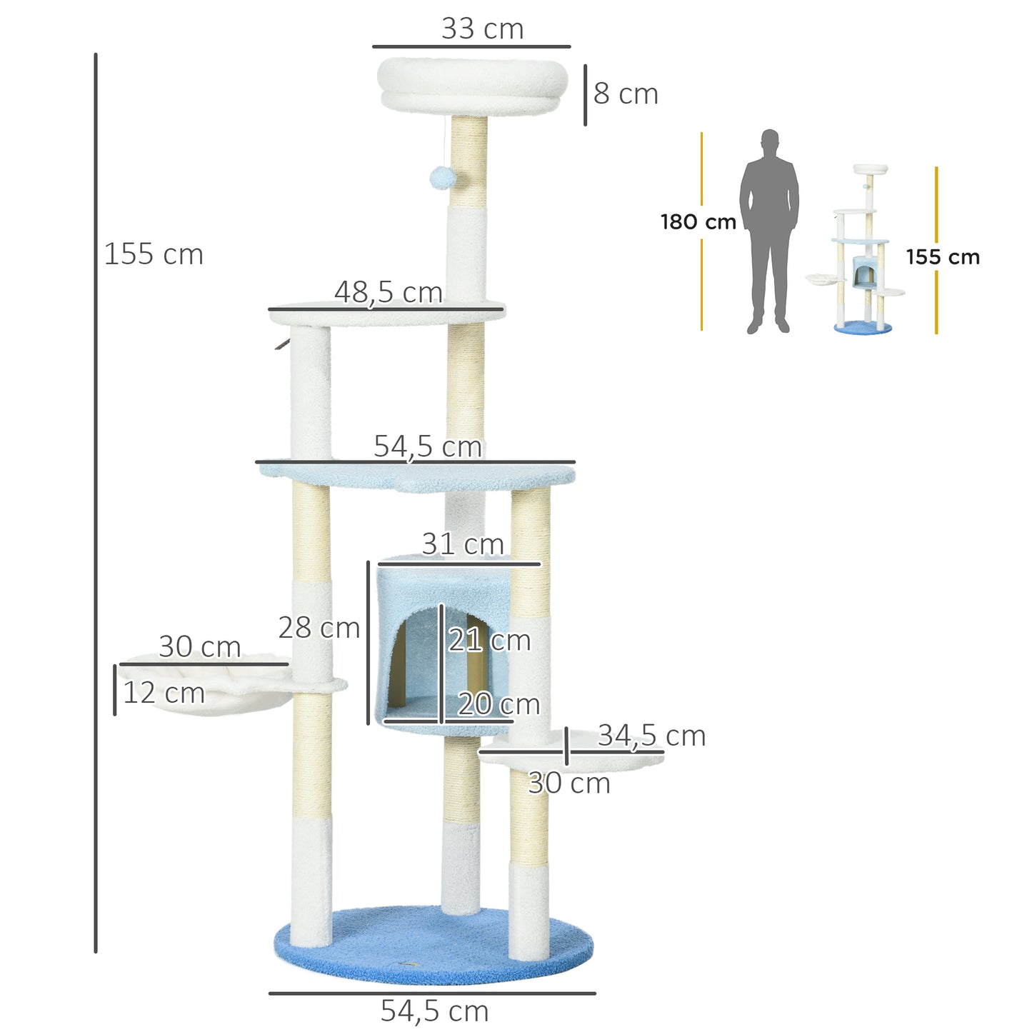 PawHut Árbol Rascador para Gatos Grandes de 155 cm Torre para Gatos de Interior con Postes de Sisal Cueva Cama Hamaca y Bola de Juguete Ø54,5x155 cm Blanco y Azul