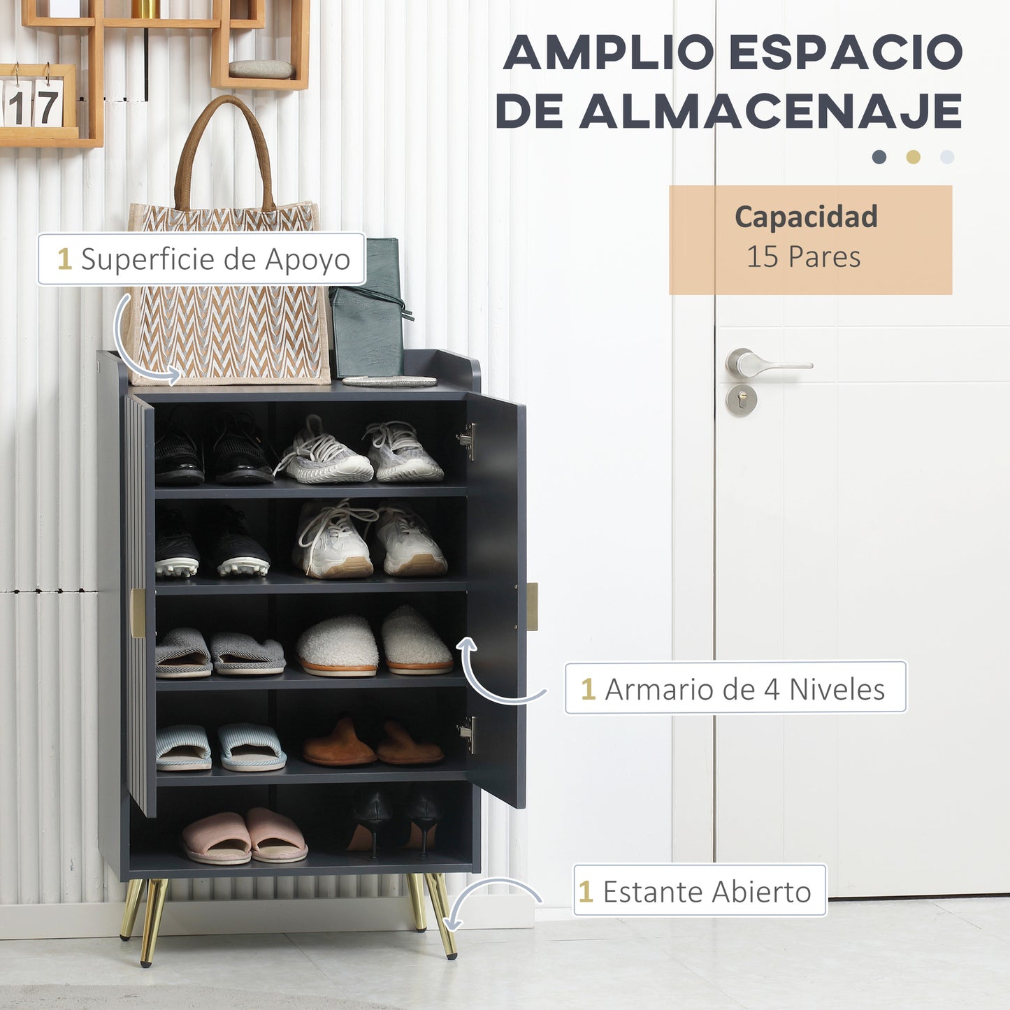 HOMCOM Zapatero Estrecho con 2 Puertas Mueble Zapatero con Estante Abierto y Estantes Ajustables para 15 Pares de Zapatos para Pasillo Entrada 60x33x100 cm Gris