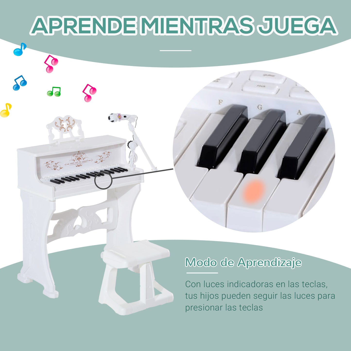 HOMCOM Piano Electrónico Infantil de 37 Teclas Juego de Piano con Modelo Pedagógico Micrófono Taburete Luces y 22 Canciones USB/MP3/Bluetooth Karaoke 53,5x27x63 cm Blanco