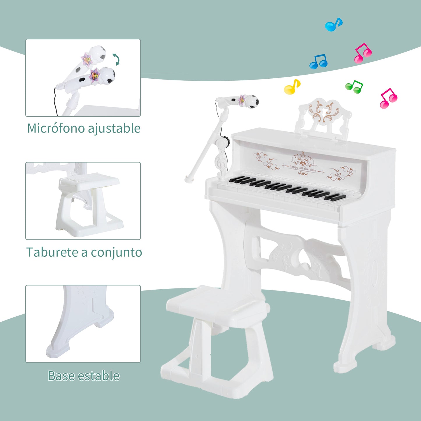 HOMCOM Piano Electrónico Infantil de 37 Teclas Juego de Piano con Modelo Pedagógico Micrófono Taburete Luces y 22 Canciones USB/MP3/Bluetooth Karaoke 53,5x27x63 cm Blanco