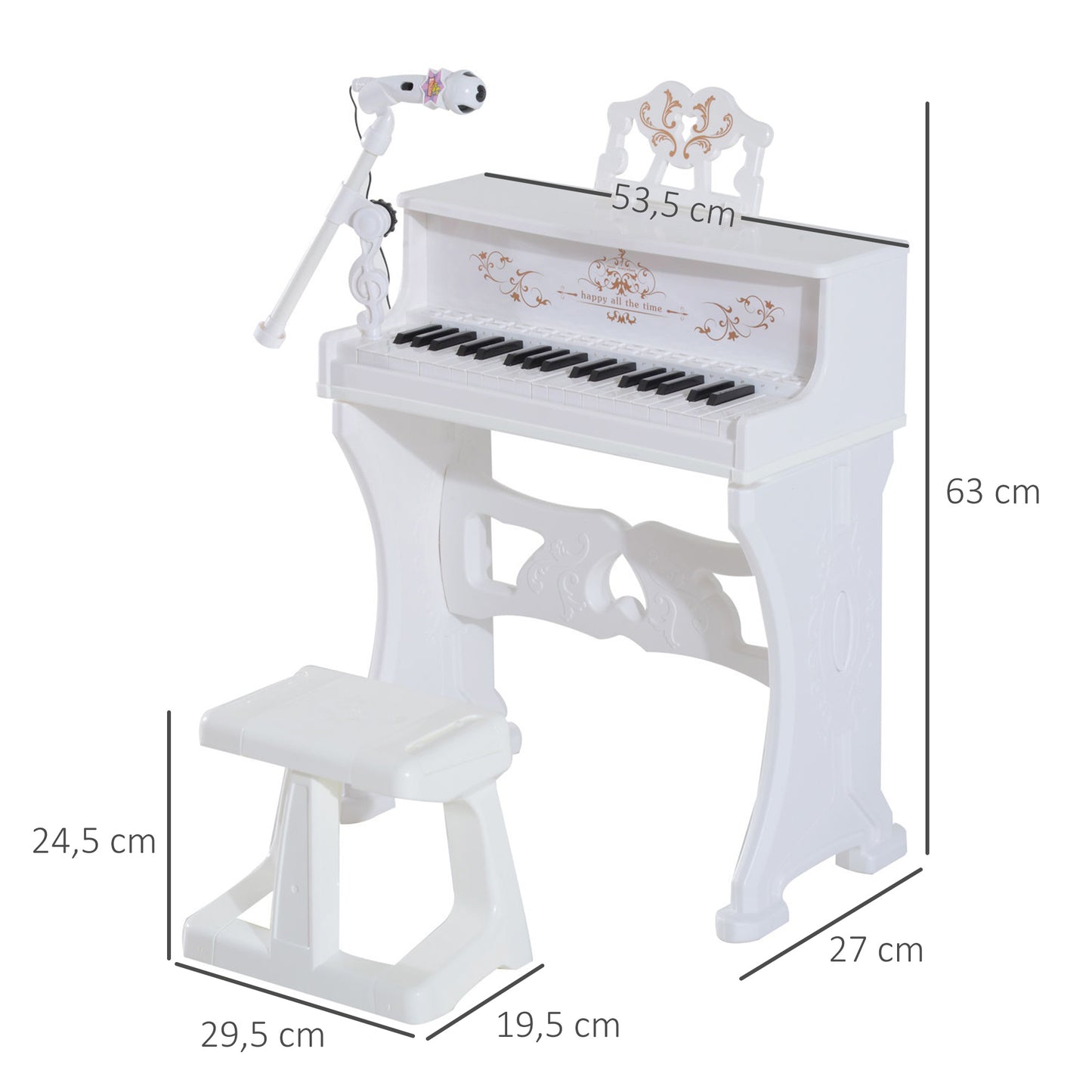 HOMCOM Piano Electrónico Infantil de 37 Teclas Juego de Piano con Modelo Pedagógico Micrófono Taburete Luces y 22 Canciones USB/MP3/Bluetooth Karaoke 53,5x27x63 cm Blanco