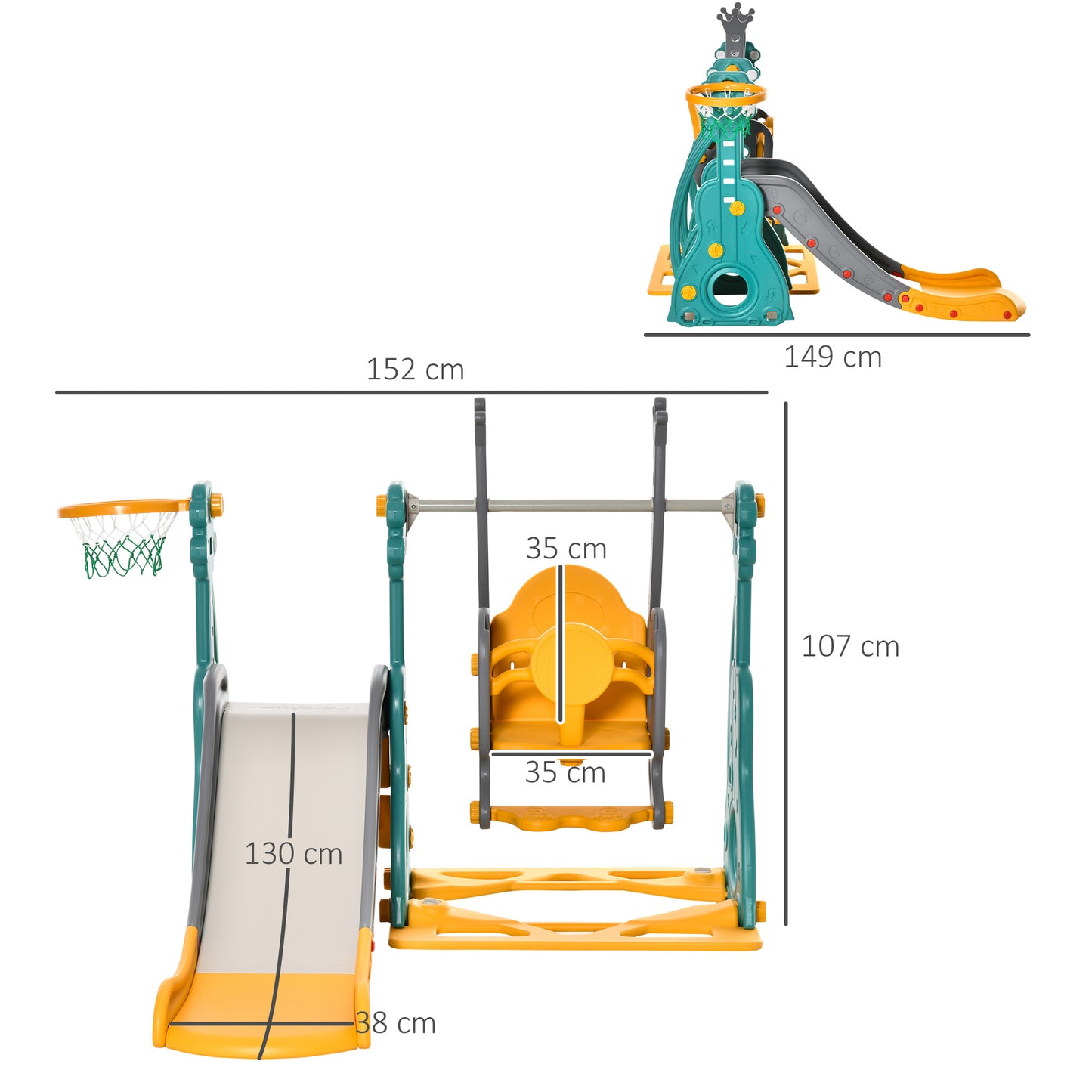 HOMCOM Tobogán Infantil con Columpio y Canasta de Baloncesto 3 en 1 para 18-36 Meses con Asiento Ajustable Parque Infantil para Interior y Exterior 152x149x107 cm Multicolor