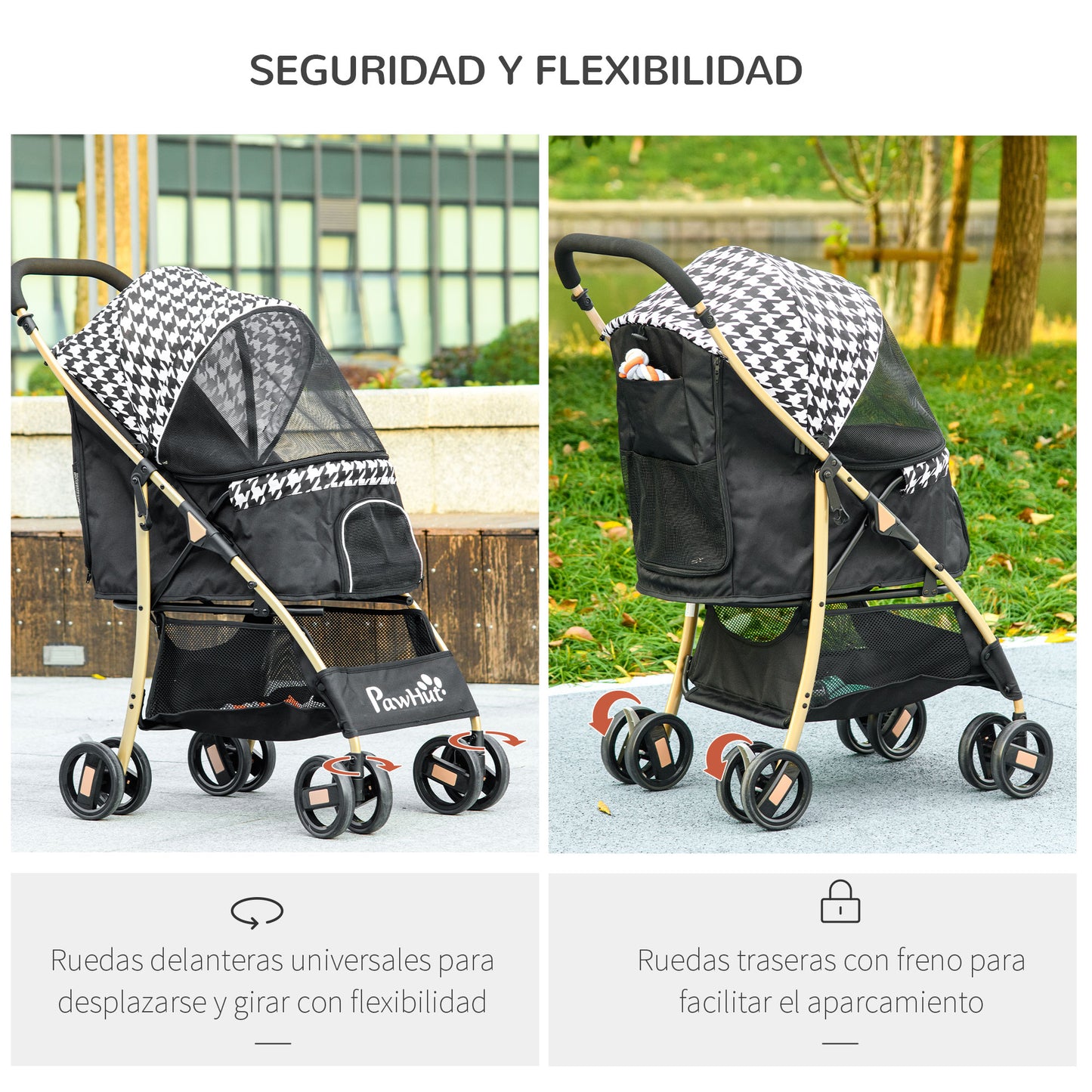 PawHut Cochecito para Perros Plegable Carrito para Mascotas con 2 Puertas Ventana de Malla Cesta de Almacenamiento Cuerda de Seguridad y Cojín 80x44,5x97 cm Negro