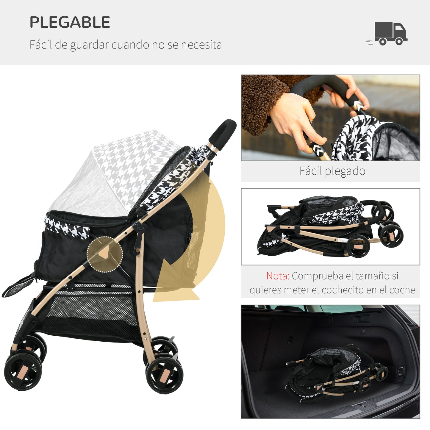 PawHut Cochecito para Perros Plegable Carrito para Mascotas con 2 Puertas Ventana de Malla Cesta de Almacenamiento Cuerda de Seguridad y Cojín 80x44,5x97 cm Negro