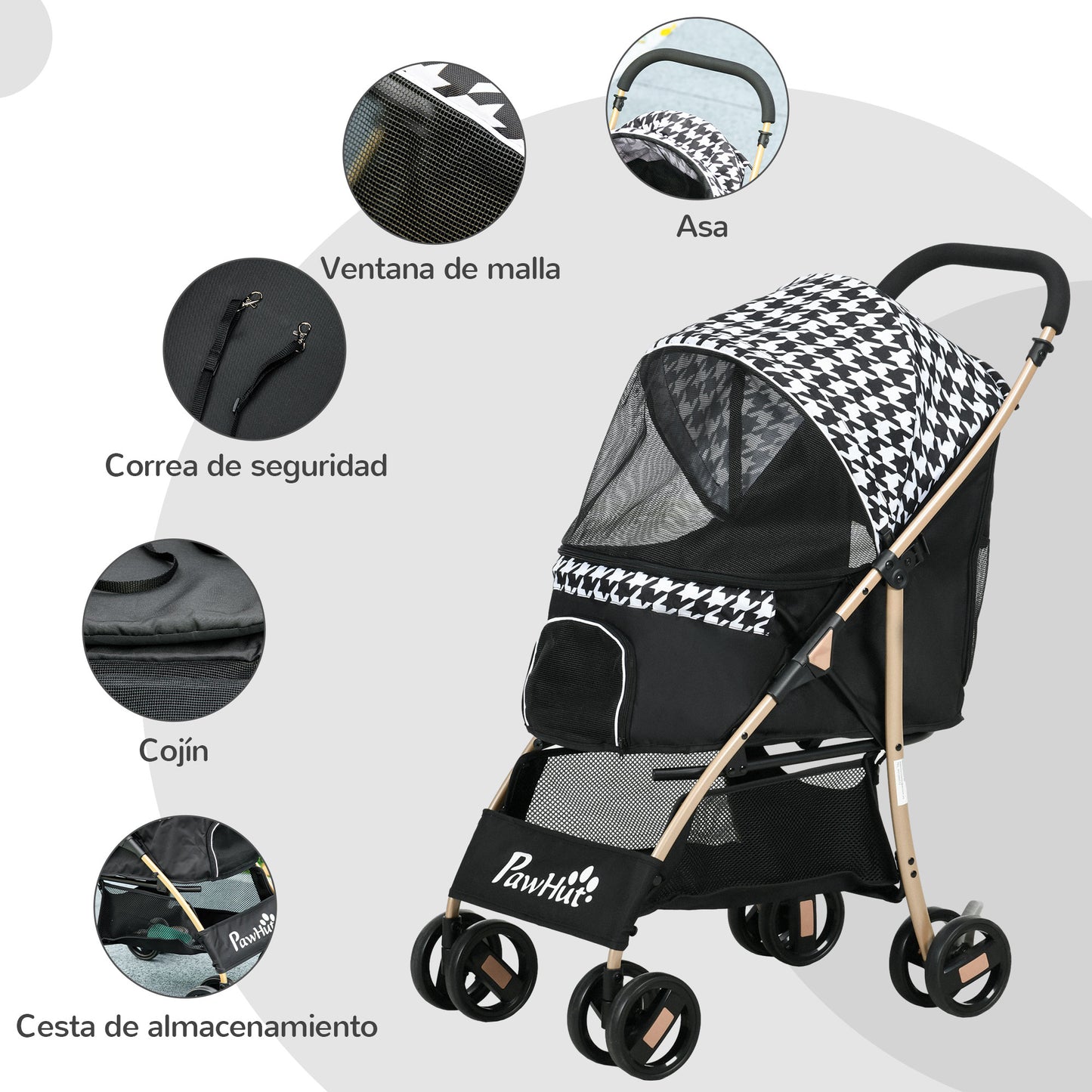 PawHut Cochecito para Perros Plegable Carrito para Mascotas con 2 Puertas Ventana de Malla Cesta de Almacenamiento Cuerda de Seguridad y Cojín 80x44,5x97 cm Negro