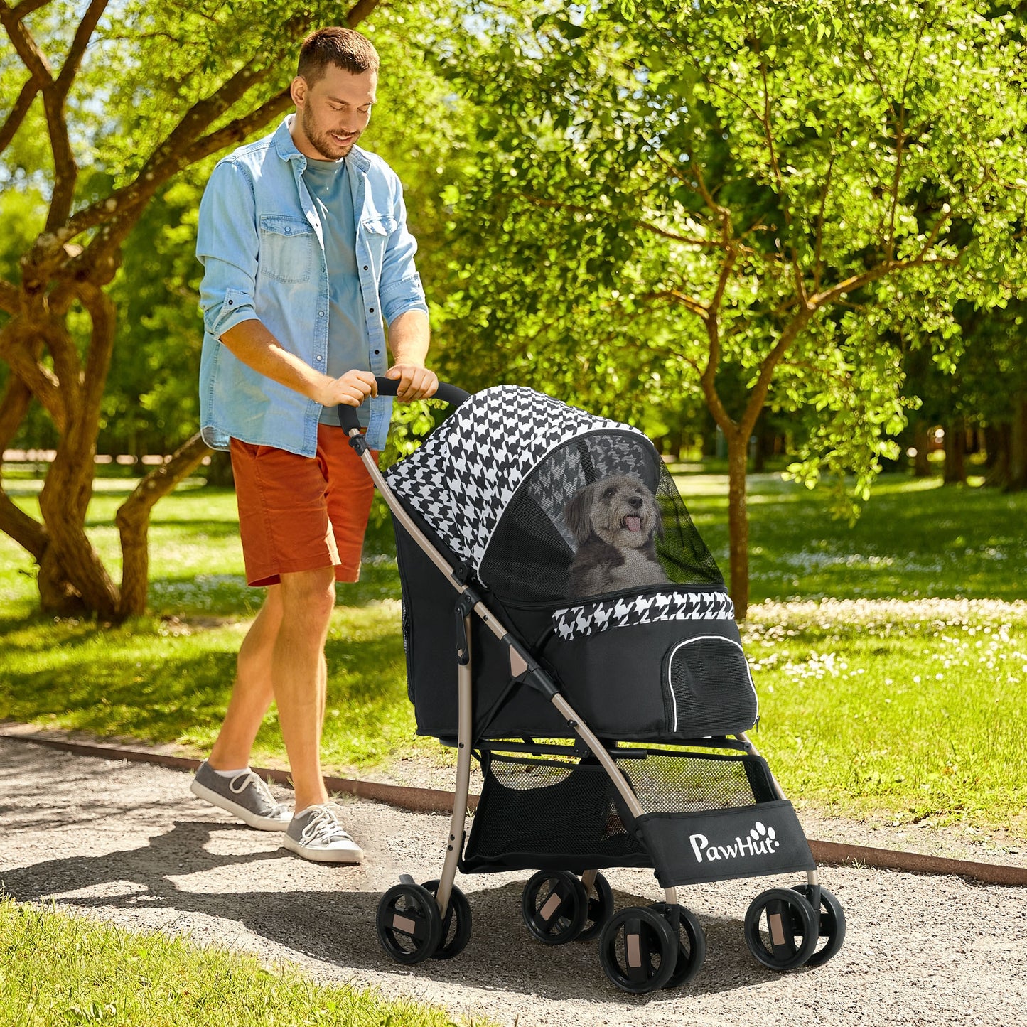 PawHut Cochecito para Perros Plegable Carrito para Mascotas con 2 Puertas Ventana de Malla Cesta de Almacenamiento Cuerda de Seguridad y Cojín 80x44,5x97 cm Negro