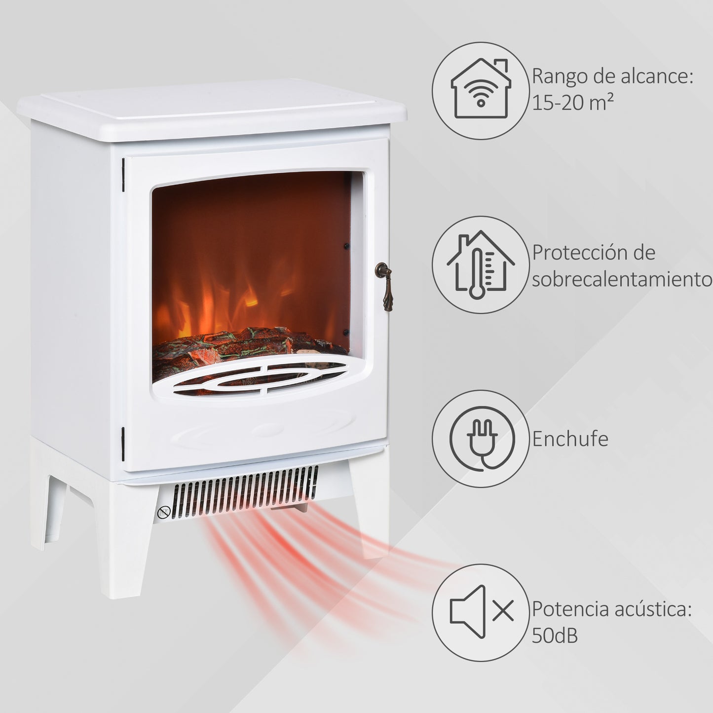 HOMCOM Chimenea Eléctrica Portátil de 900/1800W con Efecto de Llama Termostato Ajustable y Protección Sobrecalentamiento hasta 20 m² 39x26x54,8 cm Blanco