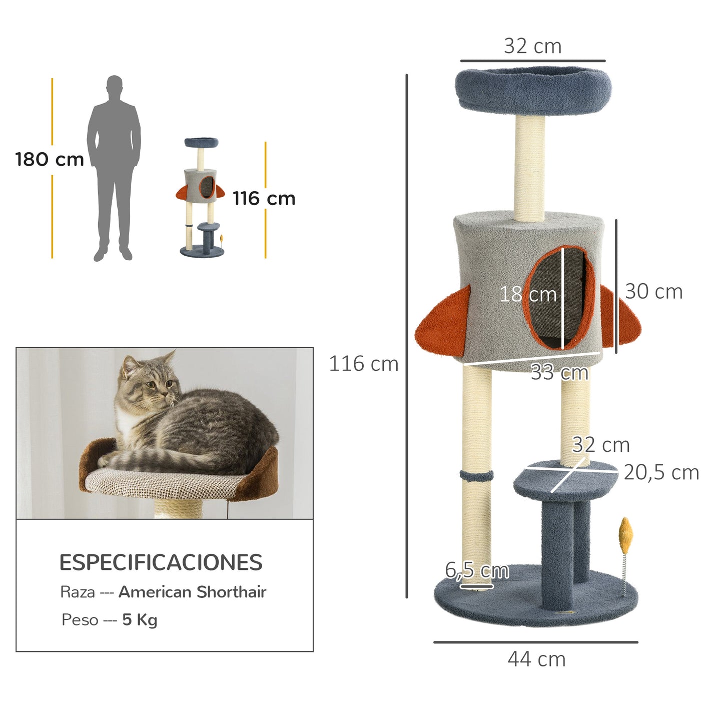 PawHut Árbol Rascador para Gatos de 116 cm Tipo de Cohete Torre para Gatos Interior con Postes para Rascar Cama Cueva y Juguete Estrella Ø44x116 cm Azul