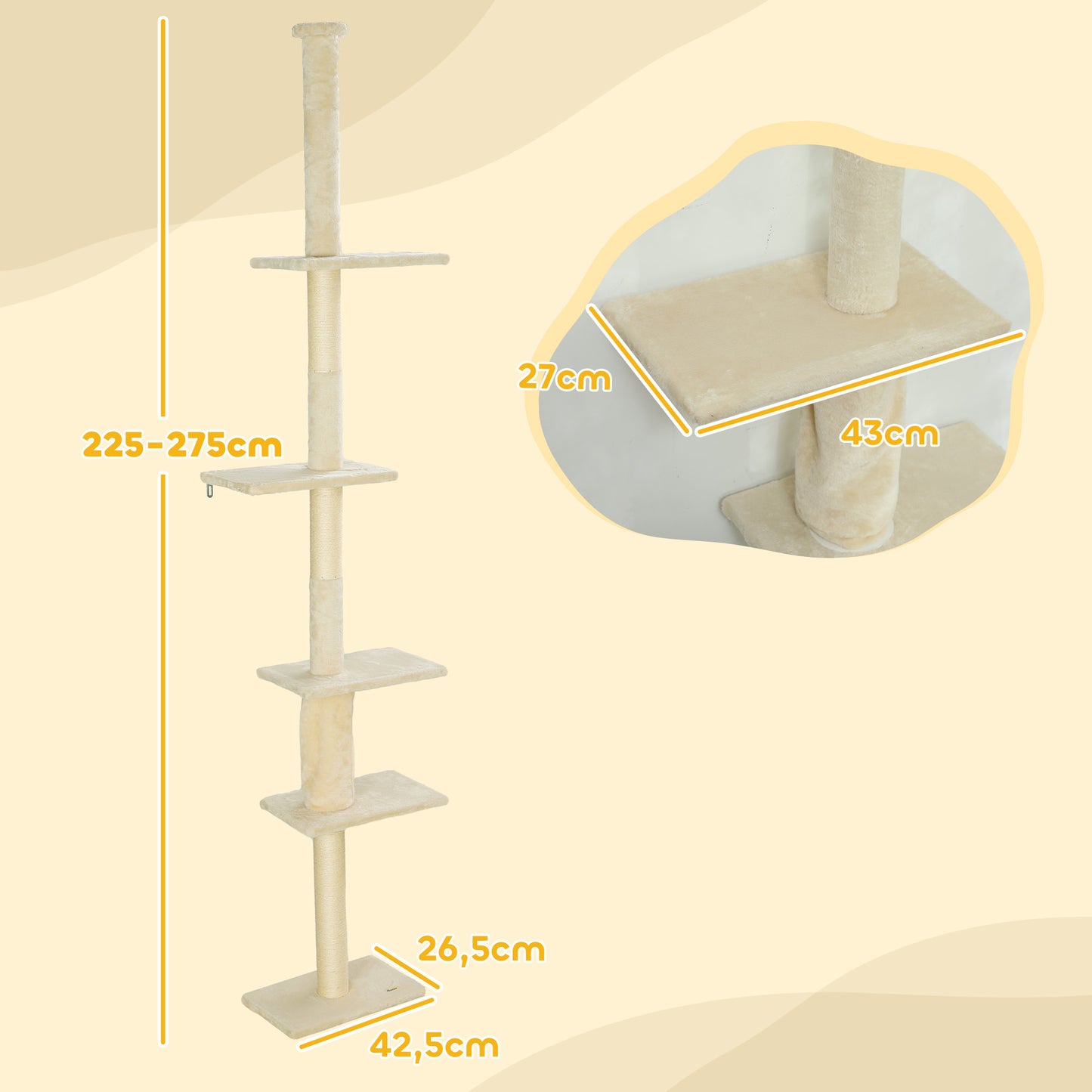 PawHut Árbol para Gatos de Suelo a Techo 225-275 cm Árbol Rascador para Gatos Torre para Gatos con Múltiples Plataformas Sistema de Antivuelco Crema