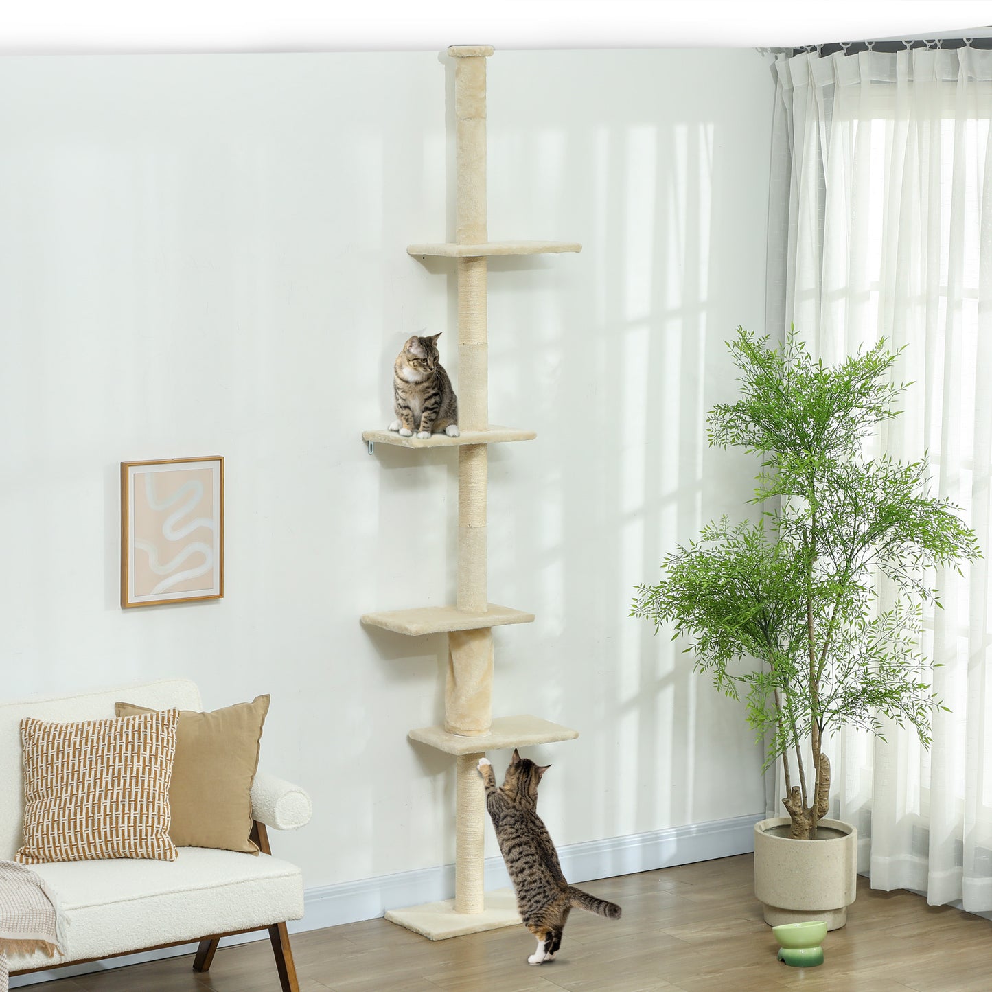 PawHut Árbol para Gatos de Suelo a Techo 225-275 cm Árbol Rascador para Gatos Torre para Gatos con Múltiples Plataformas Sistema de Antivuelco Crema