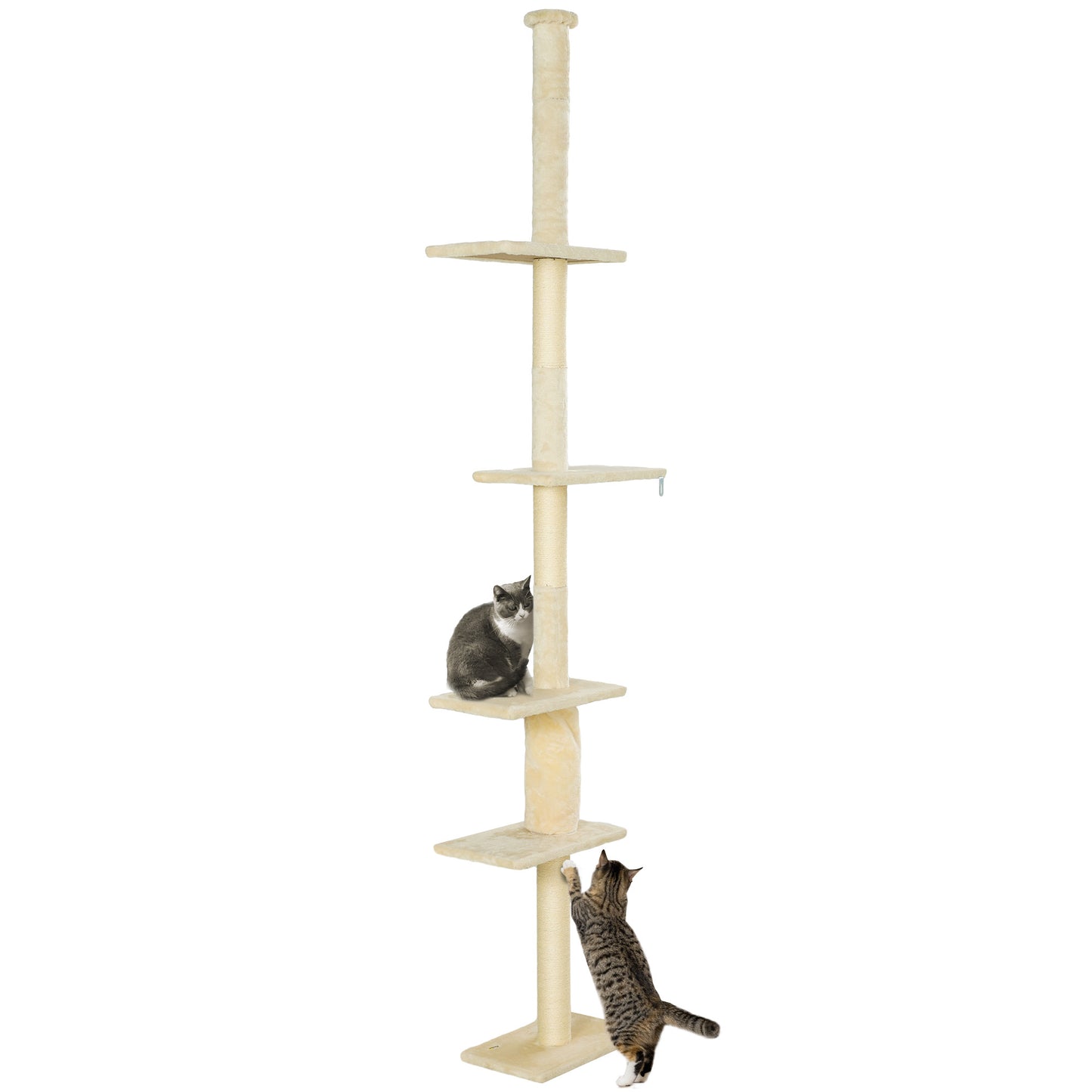 PawHut Árbol para Gatos de Suelo a Techo 225-275 cm Árbol Rascador para Gatos Torre para Gatos con Múltiples Plataformas Sistema de Antivuelco Crema