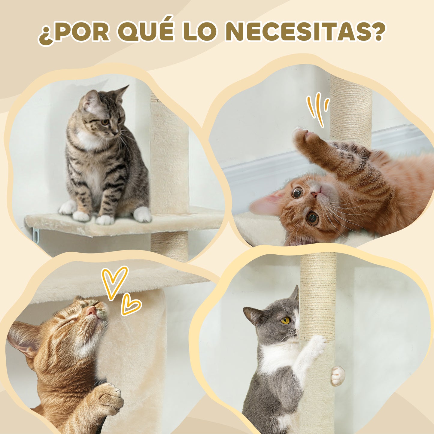 PawHut Árbol para Gatos de Suelo a Techo 225-275 cm Árbol Rascador para Gatos Torre para Gatos con Múltiples Plataformas Sistema de Antivuelco Crema