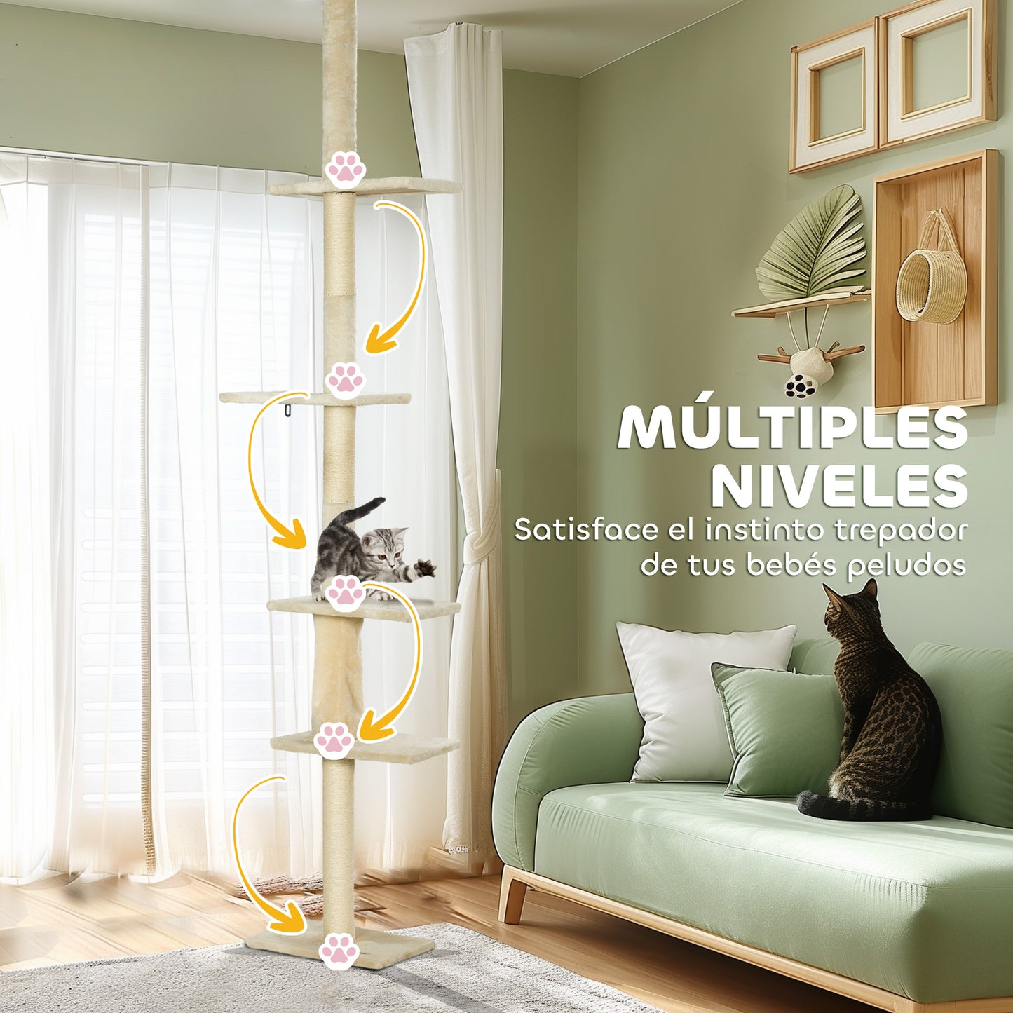 PawHut Árbol para Gatos de Suelo a Techo 225-275 cm Árbol Rascador para Gatos Torre para Gatos con Múltiples Plataformas Sistema de Antivuelco Crema