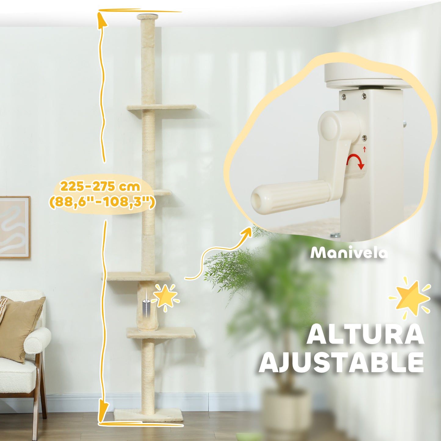 PawHut Árbol para Gatos de Suelo a Techo 225-275 cm Árbol Rascador para Gatos Torre para Gatos con Múltiples Plataformas Sistema de Antivuelco Crema