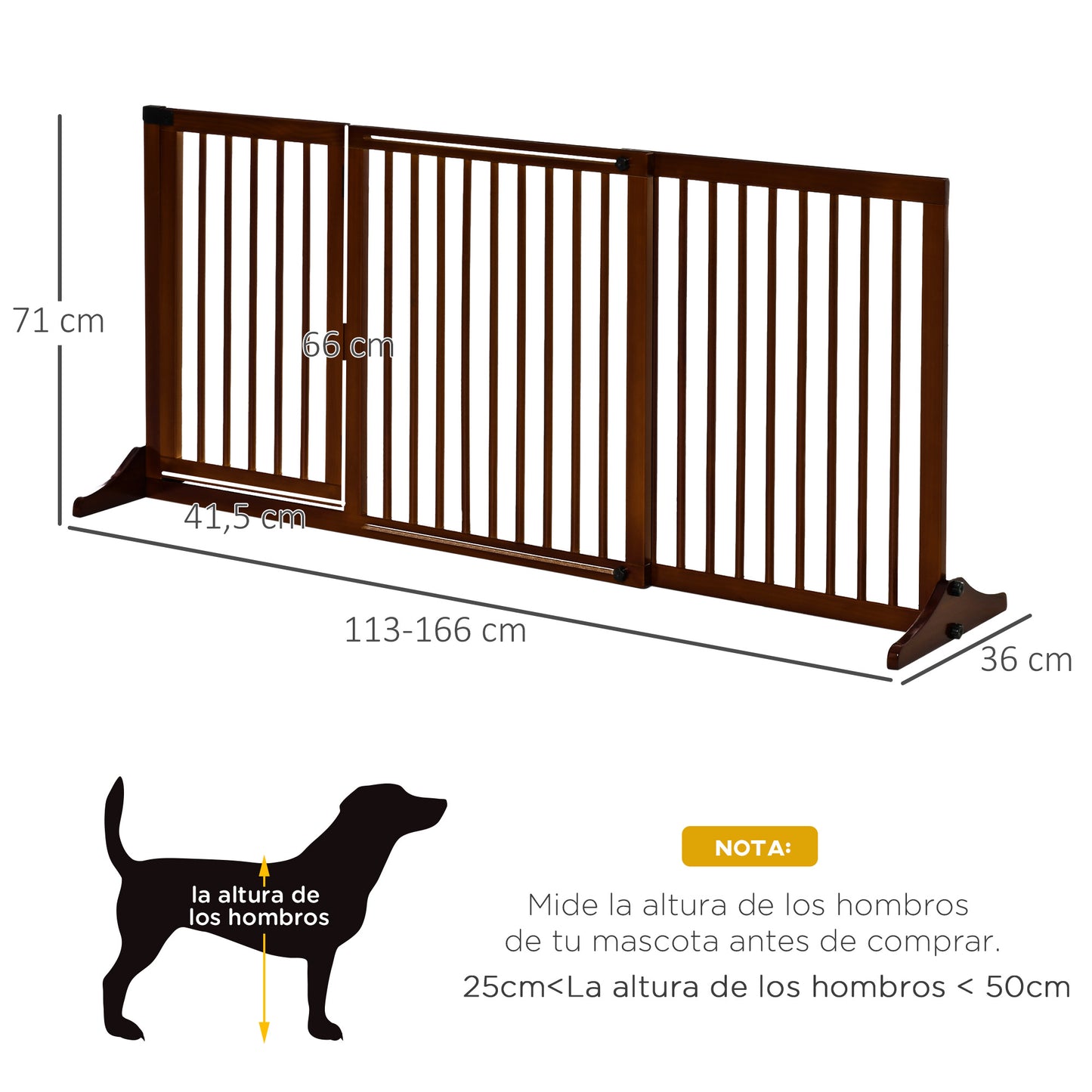 PawHut Barrera para Perros Extensible Barrera de Seguridad para Perros de 3 Paneles con Longitud Ajustable Marco de Madera y Soporte de Pie 113-166x36x71 cm Marrón