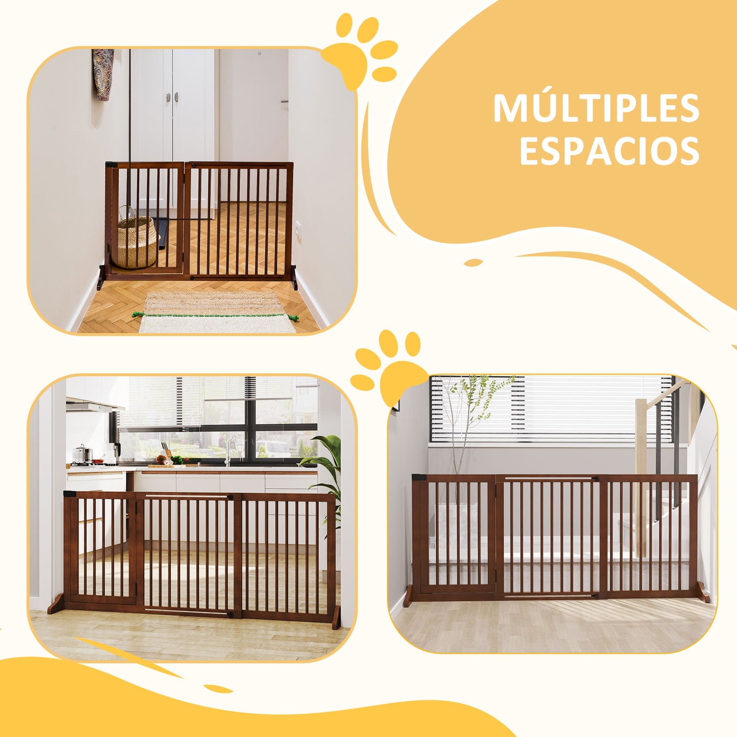 PawHut Barrera para Perros Extensible Barrera de Seguridad para Perros de 3 Paneles con Longitud Ajustable Marco de Madera y Soporte de Pie 113-166x36x71 cm Marrón