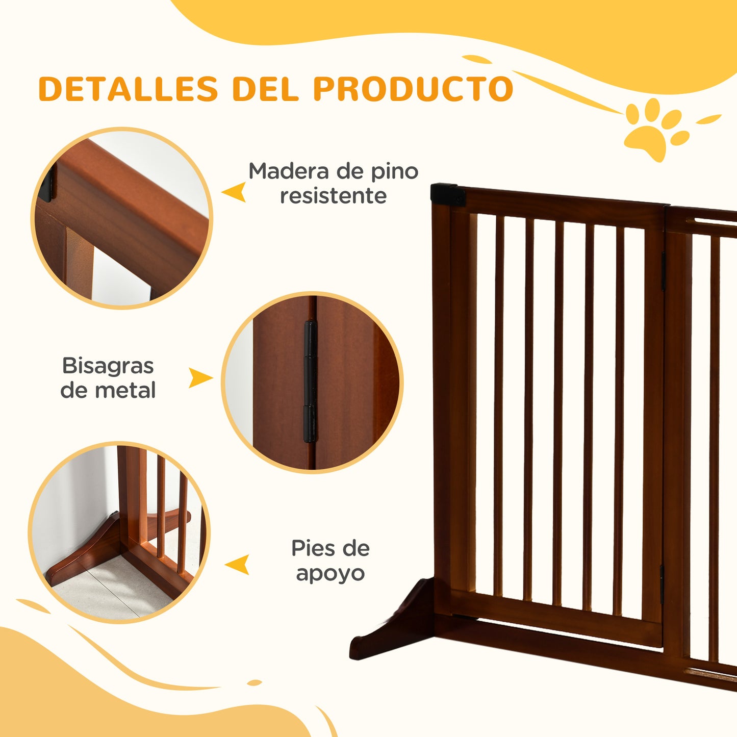 PawHut Barrera para Perros Extensible Barrera de Seguridad para Perros de 3 Paneles con Longitud Ajustable Marco de Madera y Soporte de Pie 113-166x36x71 cm Marrón