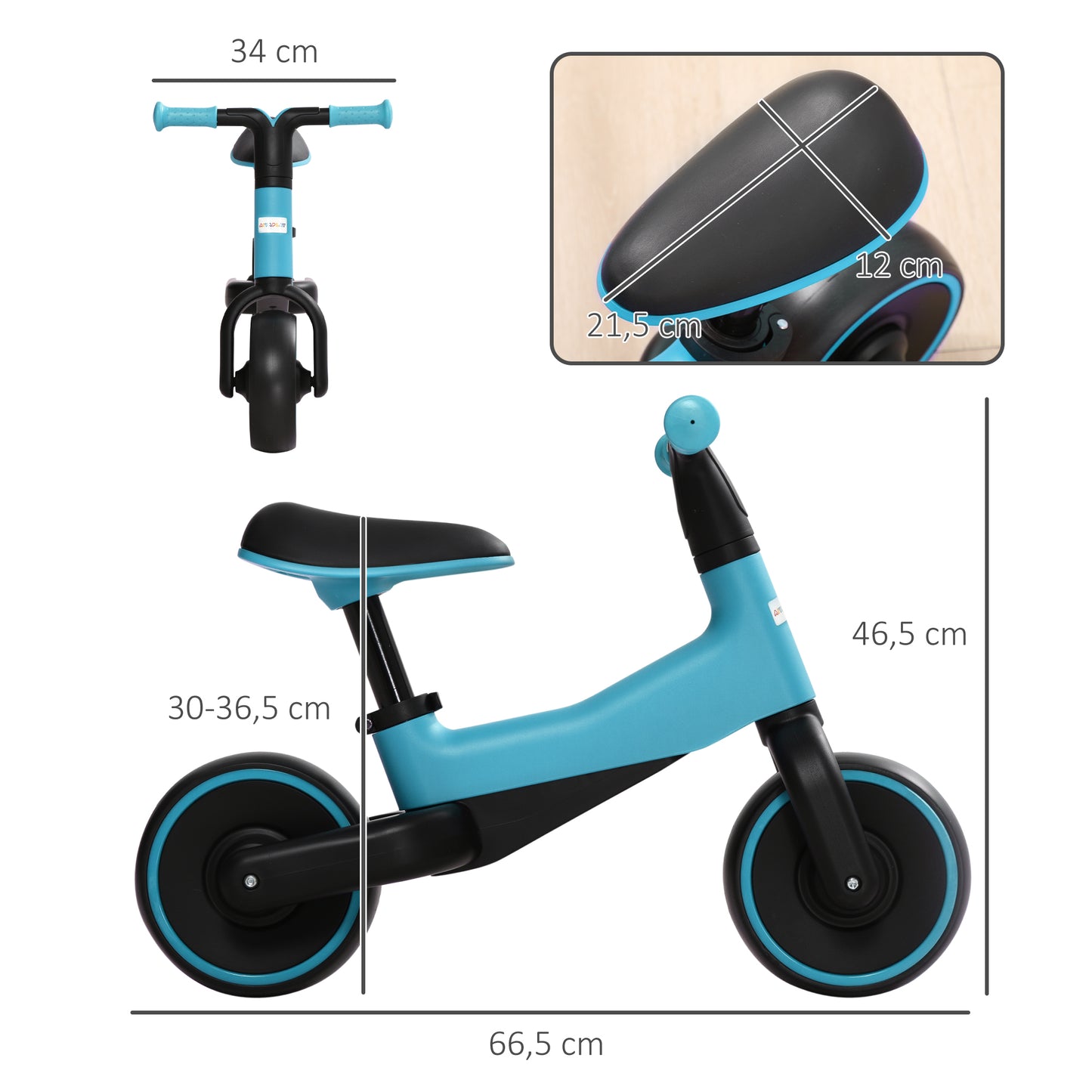 AIYAPLAY Bicicleta sin Pedales para Niños de +18 Meses Triciclo Infantil para Bebé con Sillín Ajustable en 30-36,5 cm Ruedas de Ø19 cm Carga 25 kg 66,5x34x46,5 cm Azul