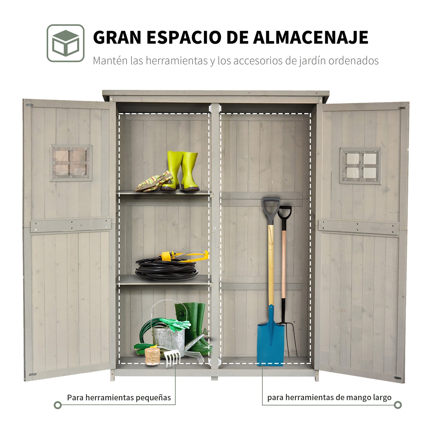 Outsunny Cobertizo de Madera Caseta Exterior Armario Herramientas de Jardinería Doble Puertas Techo Impermeable Compartimientos de Diferentes Tamaños 127.5x50x164cm Madera Maciza