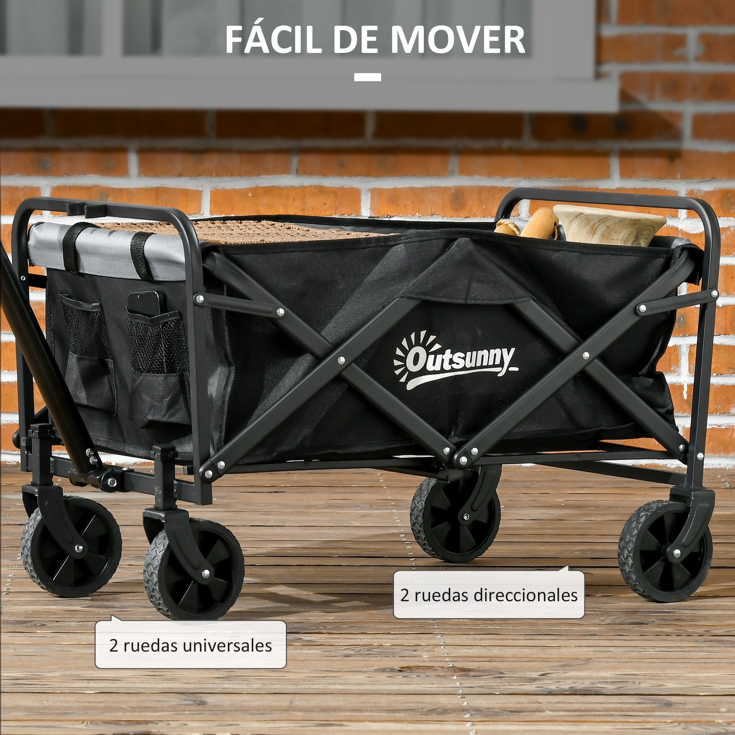 Outsunny Carro de Jardín Carro Plegable con 4 Ruedas Longitud y Ángulo del Mango Ajustables Capacidad 70 L Carga 80 kg para Playa Campaña Negro