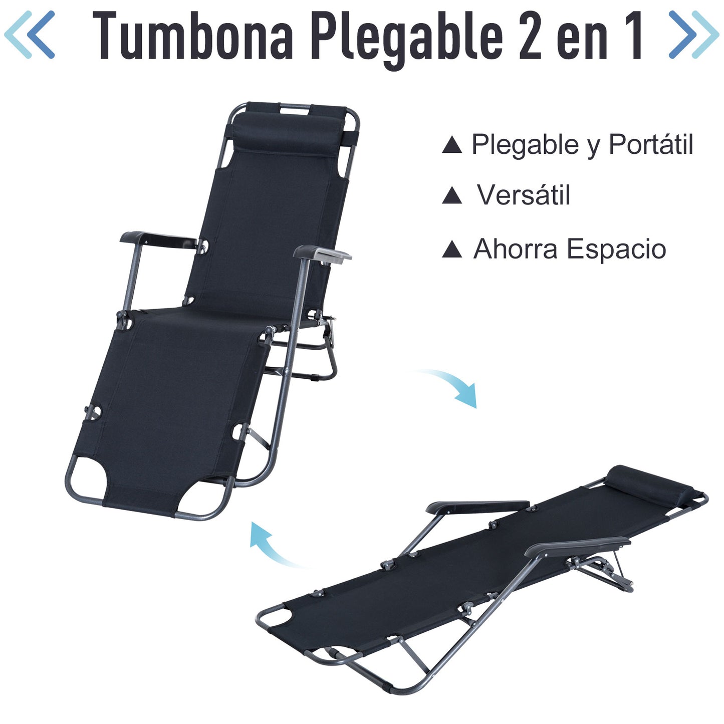 Outsunny Tumbona Reclinable y Plegable Silla de Playa Tumbona Relax Plegable con Respaldo Ajustable Reposabrazos Almohada y Reposapiés para Jardín Balcón Carga 136 kg 135x60x89 cm Negro