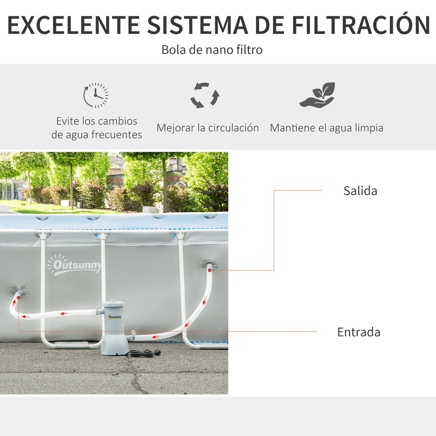 Outsunny Piscina Desmontable Tubular 340x215x80 cm Piscina Rectangular de Exterior con Depuradora de Cartucho 4.000 L/H Mangueras Longitud 100 cm y Marco de Acero 4200 L Gris