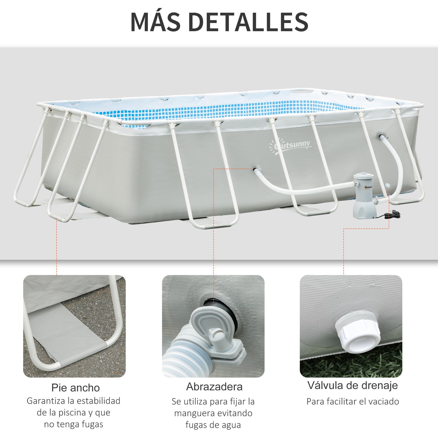 Outsunny Piscina Desmontable Tubular 340x215x80 cm Piscina Rectangular de Exterior con Depuradora de Cartucho 4.000 L/H Mangueras Longitud 100 cm y Marco de Acero 4200 L Gris