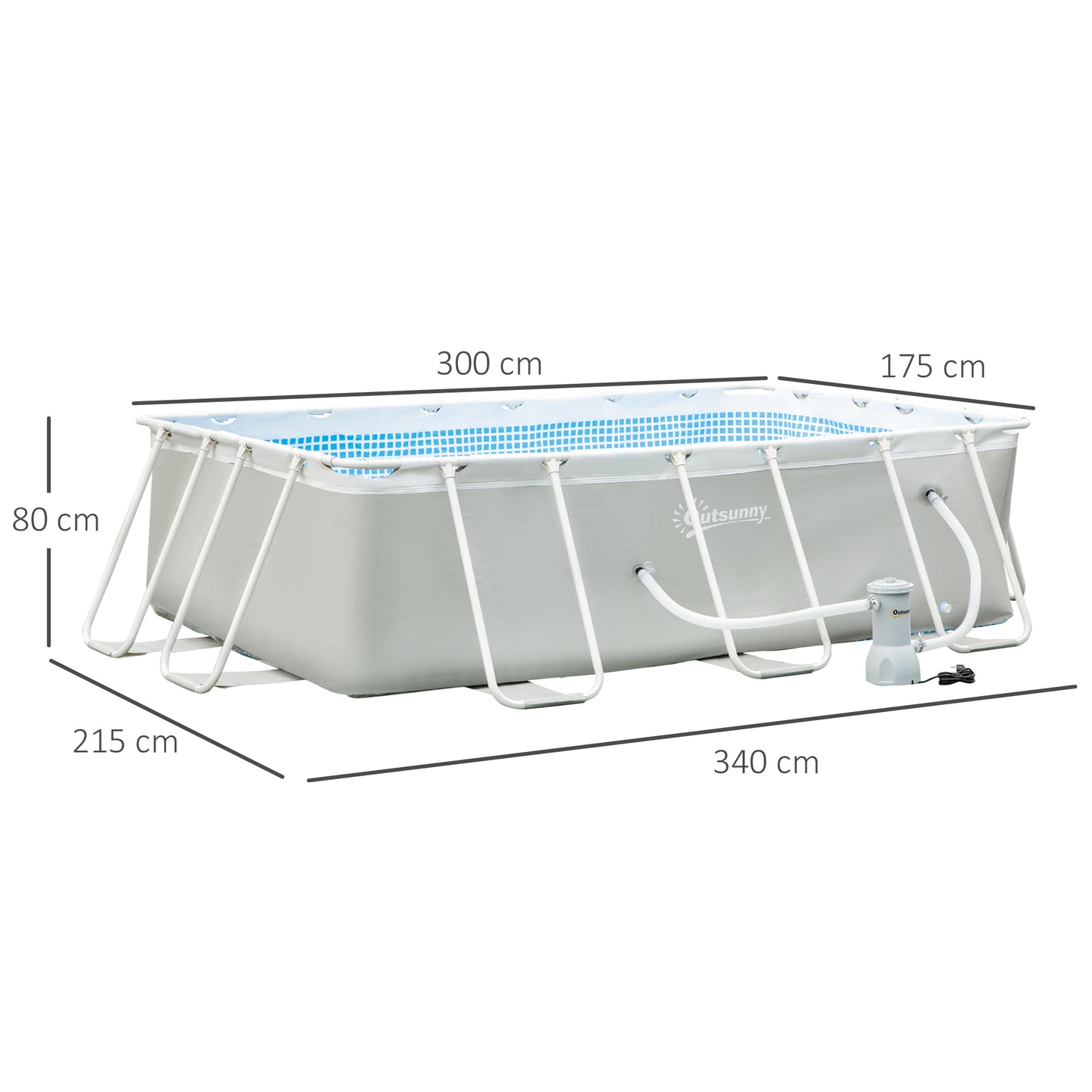 Outsunny Piscina Desmontable Tubular 340x215x80 cm Piscina Rectangular de Exterior con Depuradora de Cartucho 4.000 L/H Mangueras Longitud 100 cm y Marco de Acero 4200 L Gris