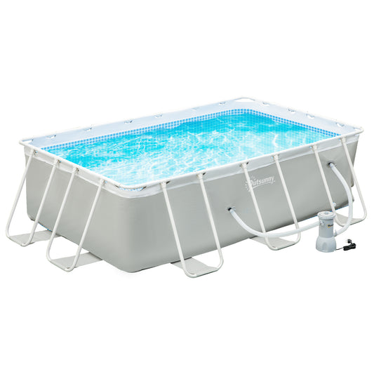 Outsunny Piscina Desmontable Tubular 340x215x80 cm Piscina Rectangular de Exterior con Depuradora de Cartucho 4.000 L/H Mangueras Longitud 100 cm y Marco de Acero 4200 L Gris