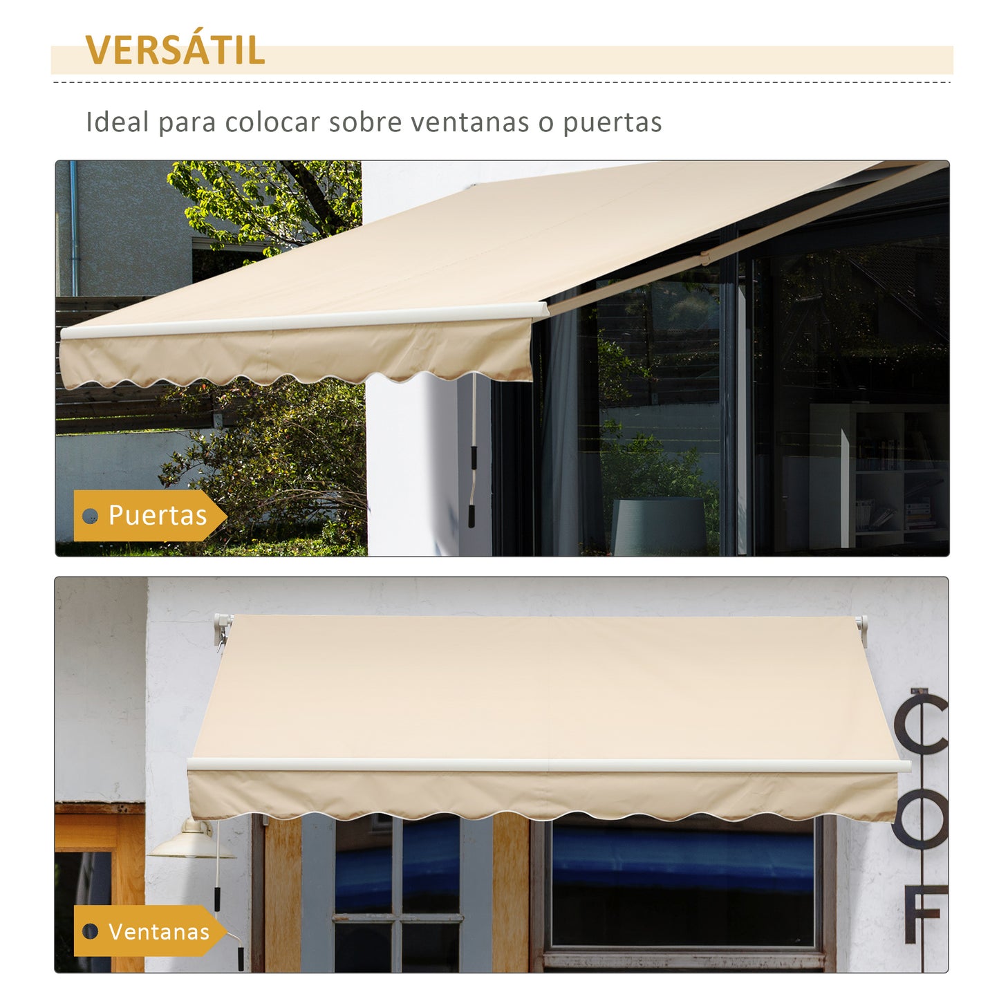 Outsunny Toldo Manual Retráctil 295x245 cm Toldo para Balcón con Manivela de Metal Impermeable y Anti-UV Toldo Enrollable de Exterior para Jardín Terraza Ventanas Beige