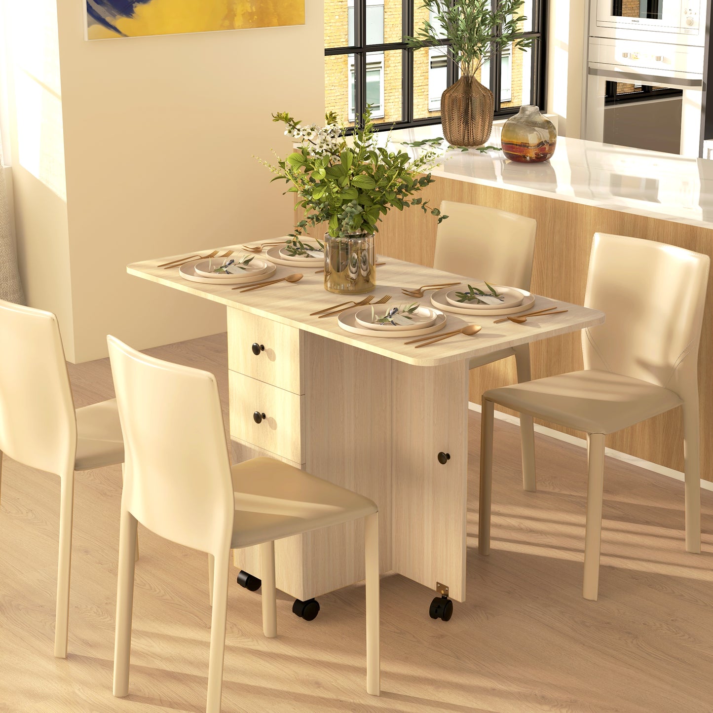 HOMCOM Mesa Plegable de Comedor Mesa de Cocina Plegable con Ruedas Alas Abatibles Cajones y Armario Mesa Plegable para 4-6 Personas 120x60x76,5 cm Natural