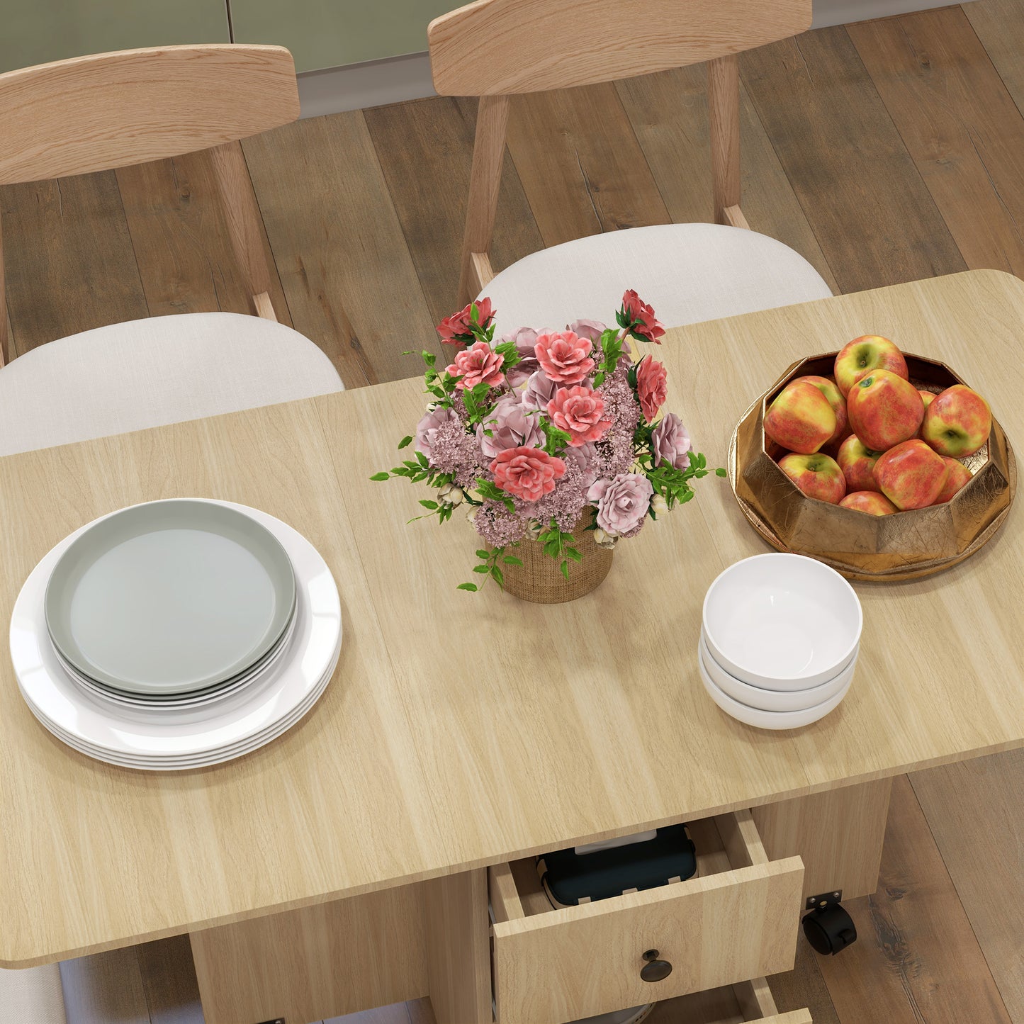 HOMCOM Mesa Plegable de Comedor Mesa de Cocina Plegable con Ruedas Alas Abatibles Cajones y Armario Mesa Plegable para 4-6 Personas 120x60x76,5 cm Natural