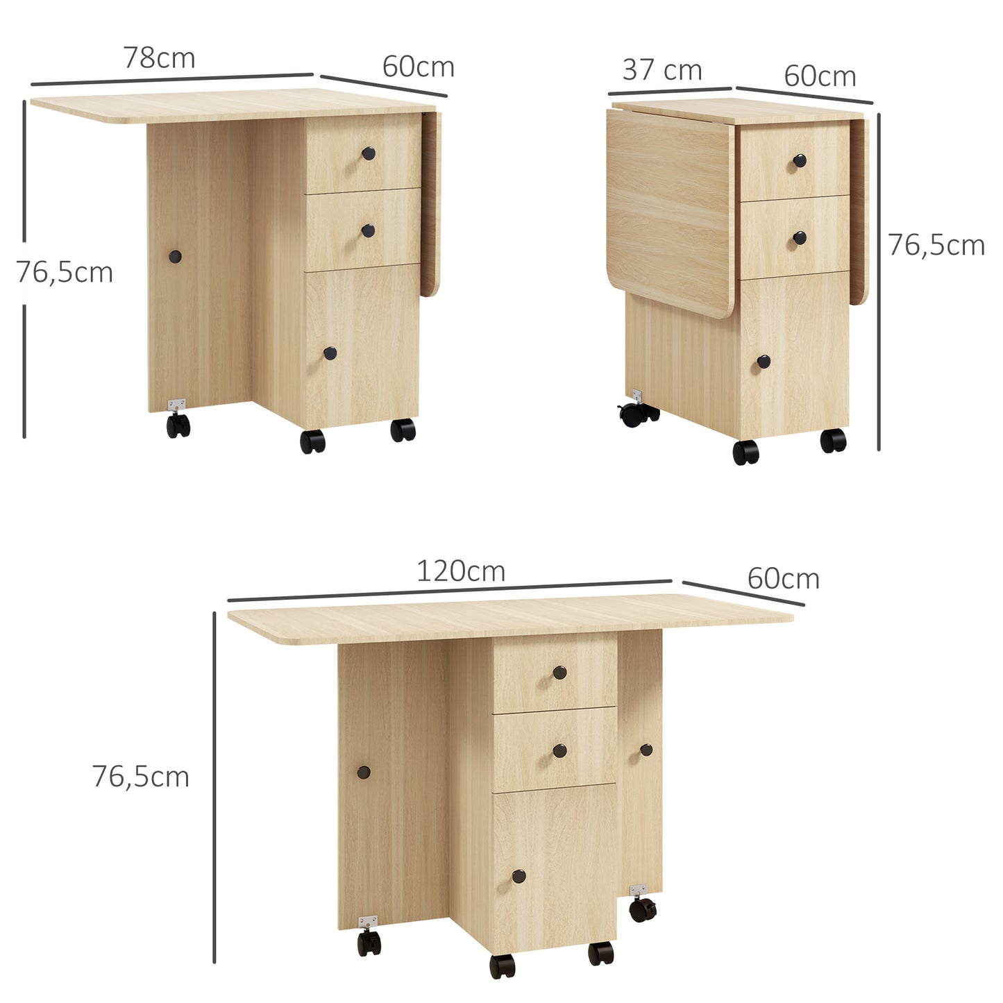 HOMCOM Mesa Plegable de Comedor Mesa de Cocina Plegable con Ruedas Alas Abatibles Cajones y Armario Mesa Plegable para 4-6 Personas 120x60x76,5 cm Natural