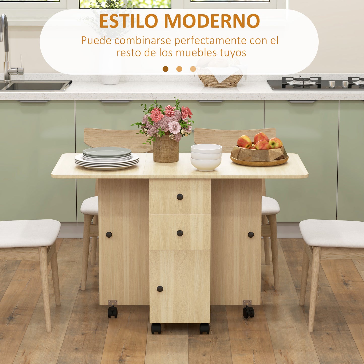 HOMCOM Mesa Plegable de Comedor Mesa de Cocina Plegable con Ruedas Alas Abatibles Cajones y Armario Mesa Plegable para 4-6 Personas 120x60x76,5 cm Natural