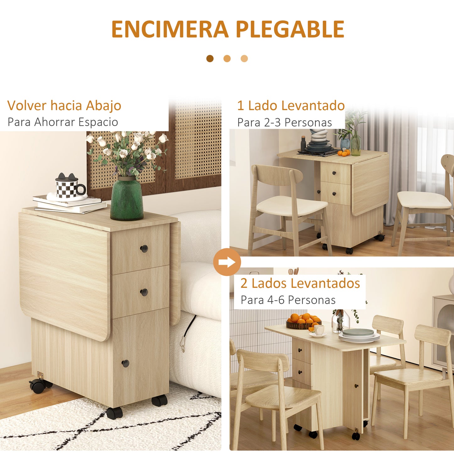 HOMCOM Mesa Plegable de Comedor Mesa de Cocina Plegable con Ruedas Alas Abatibles Cajones y Armario Mesa Plegable para 4-6 Personas 120x60x76,5 cm Natural