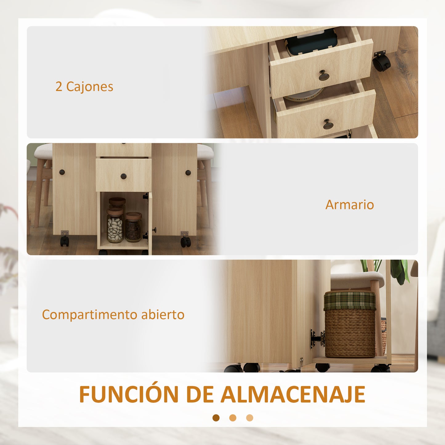 HOMCOM Mesa Plegable de Comedor Mesa de Cocina Plegable con Ruedas Alas Abatibles Cajones y Armario Mesa Plegable para 4-6 Personas 120x60x76,5 cm Natural