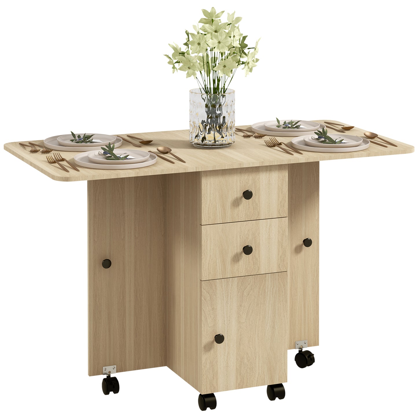 HOMCOM Mesa Plegable de Comedor Mesa de Cocina Plegable con Ruedas Alas Abatibles Cajones y Armario Mesa Plegable para 4-6 Personas 120x60x76,5 cm Natural