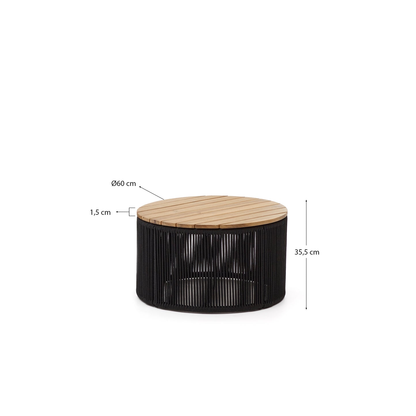 Mesa de centro Dandara de acero, cuerda negro y madera maciza acacia Ø60 cm FSC 100%
