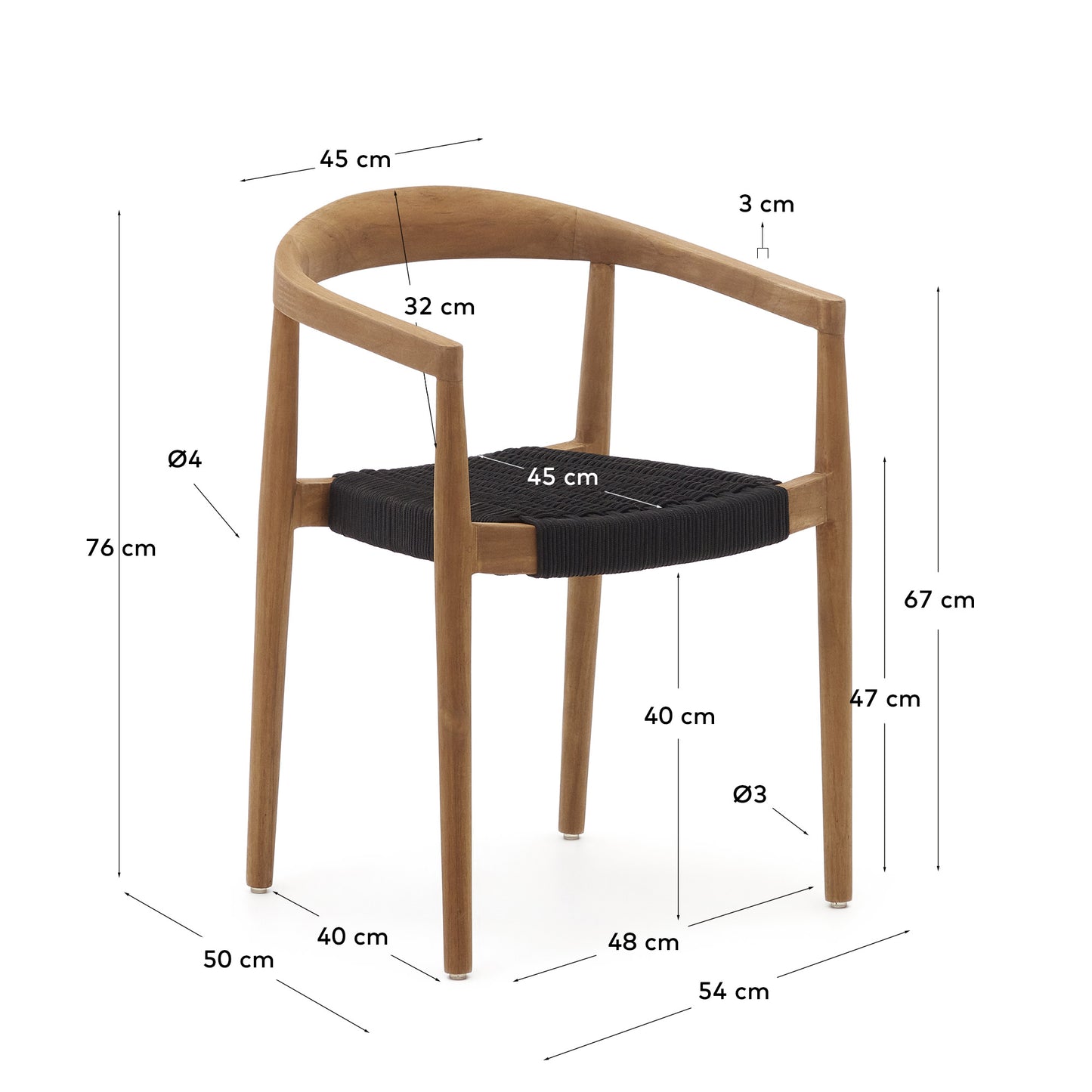 Silla apilable exterior Ydalia de madera maciza de teca con acabado natural y cuerda negro