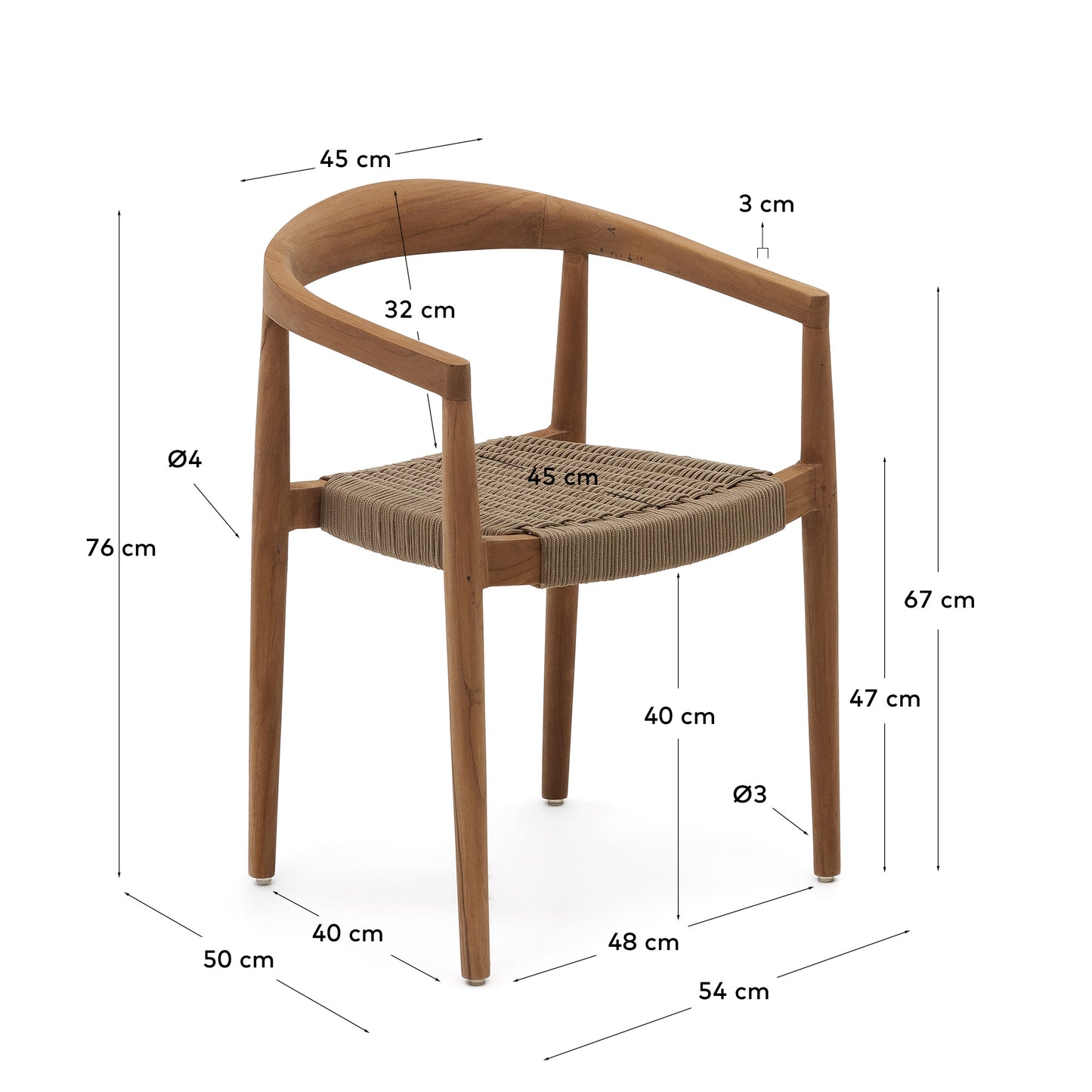 Silla apilable exterior Ydalia de madera maciza de teca con acabado natural y cuerda beige